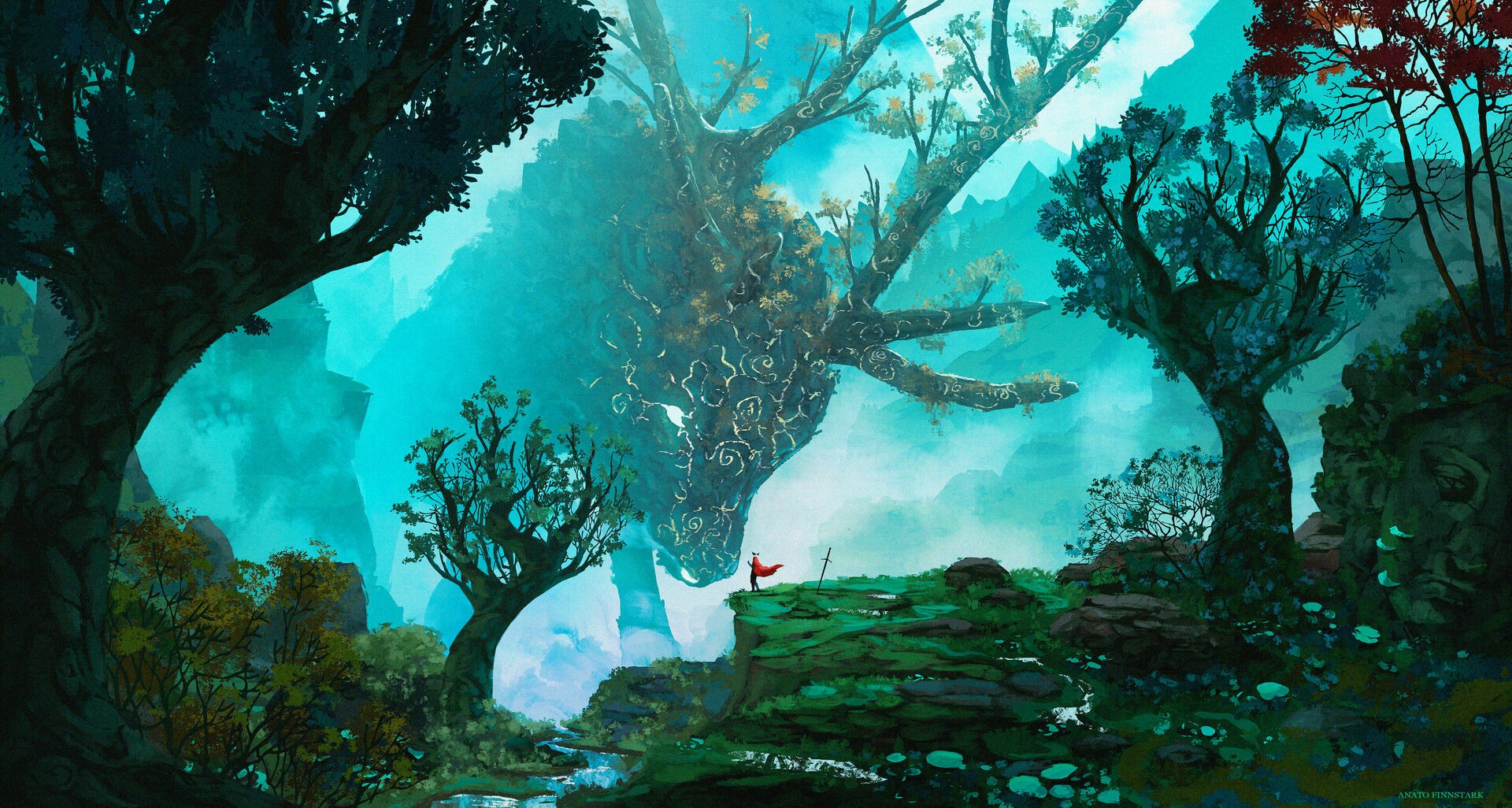 Fantasy art of a person facing a giant tree spirit HD Wallpaper