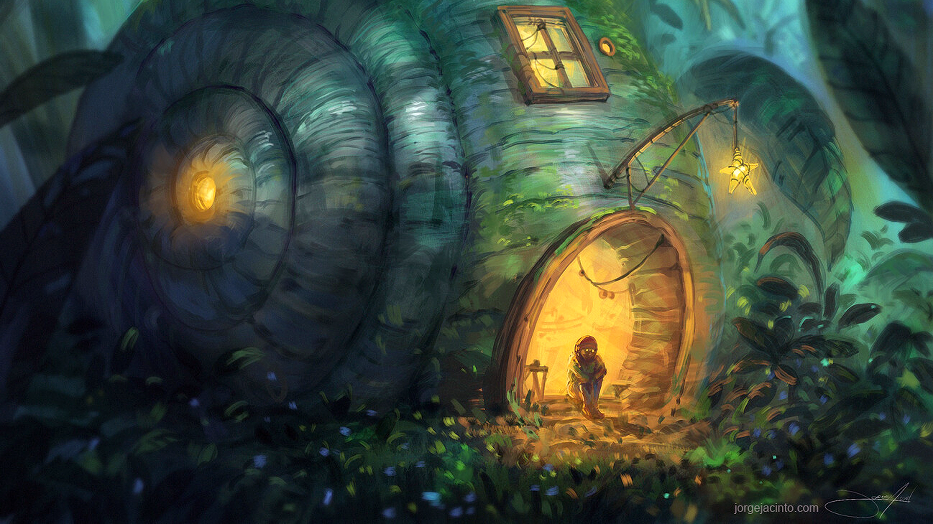 Fantasy snail shell house with a person inside HD Wallpaper