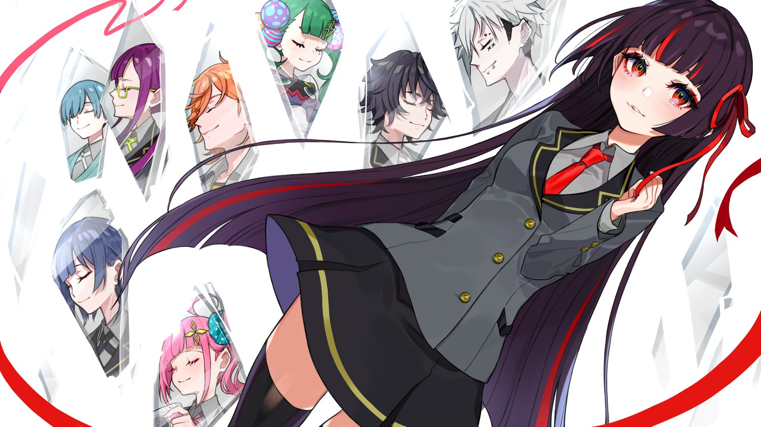 Anime characters in school uniforms with red ribbons HD Wallpaper