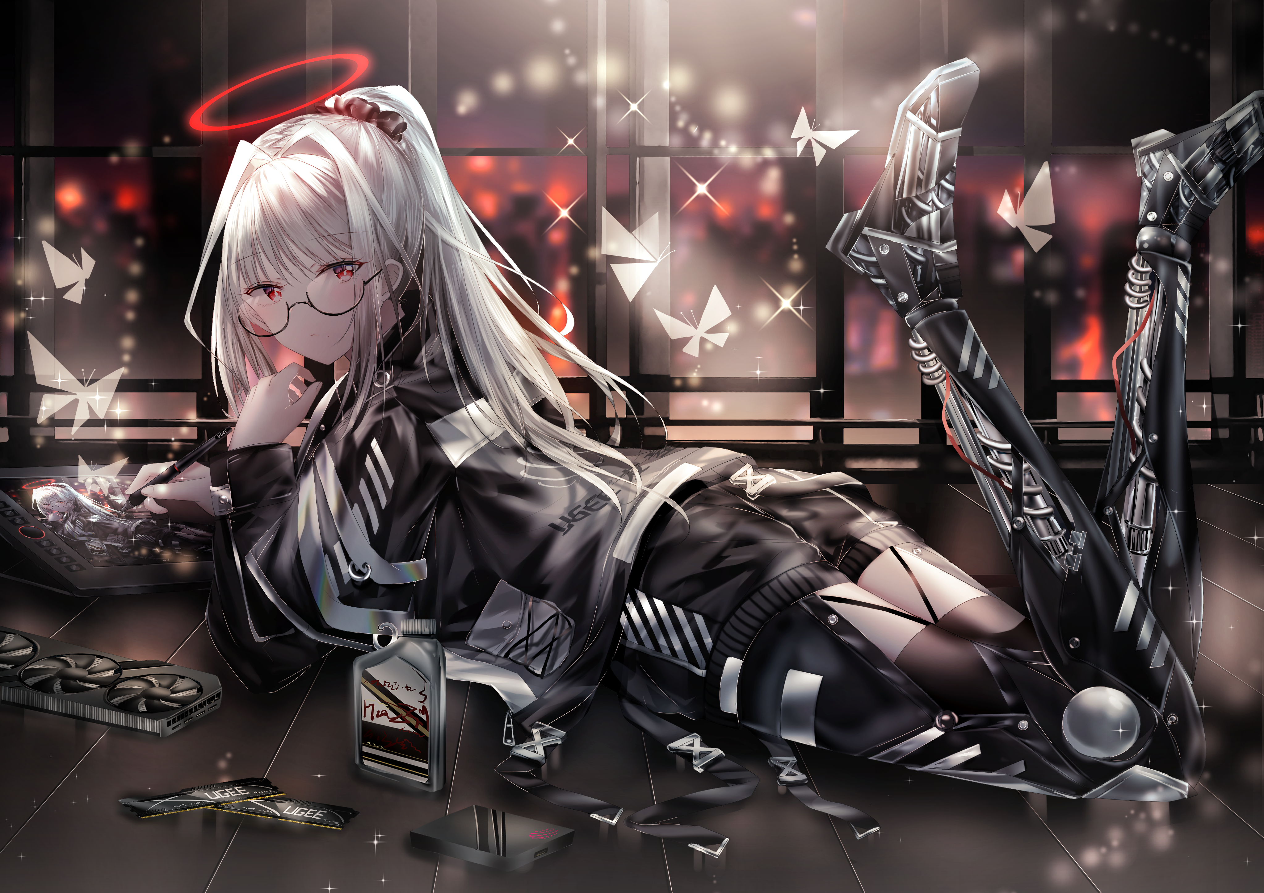 Junpaku Karen from Arknights, android, silver hair, red eyes, glasses HD Wallpaper