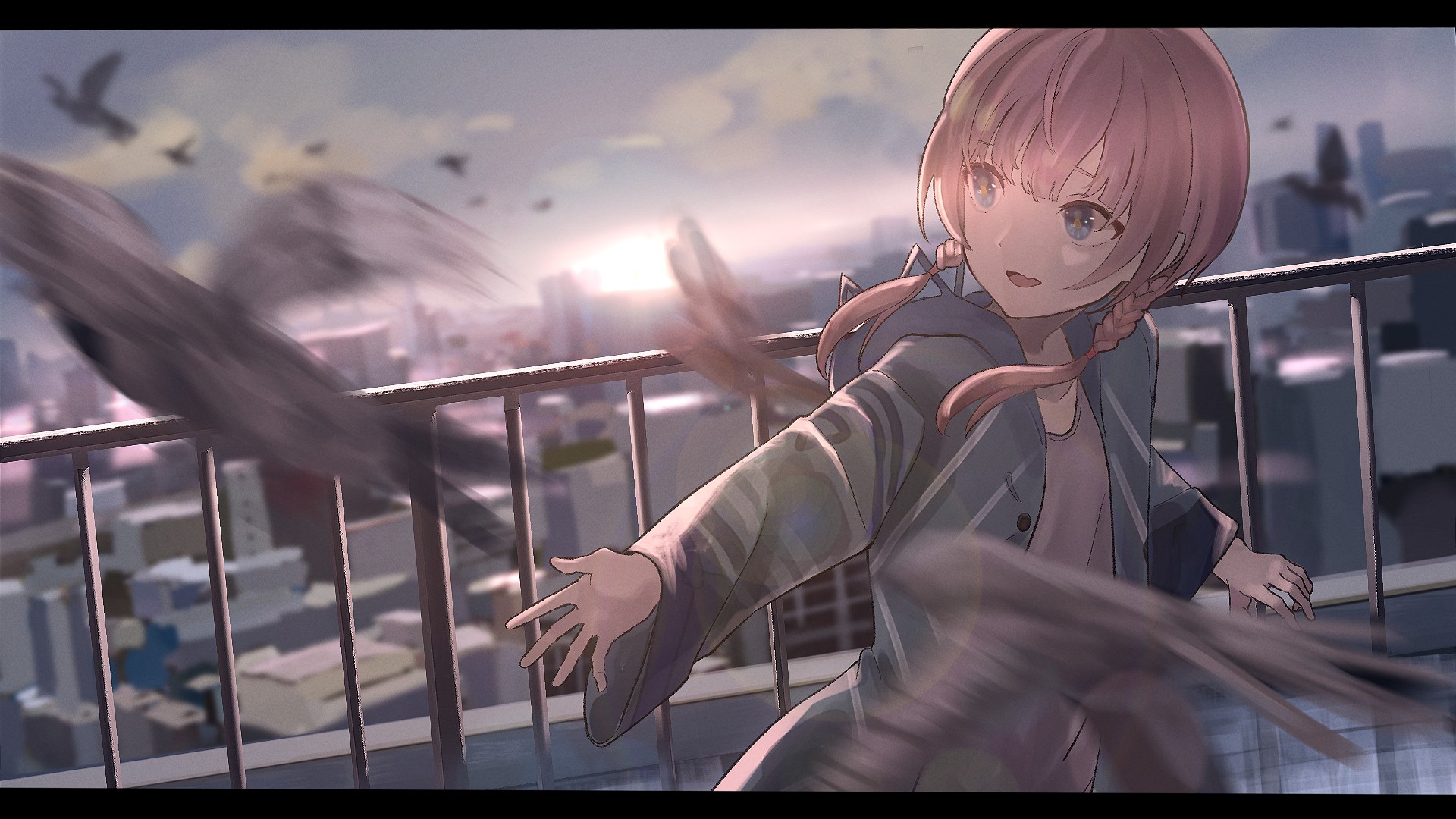 Anime girl with braids on a rooftop with birds HD Wallpaper