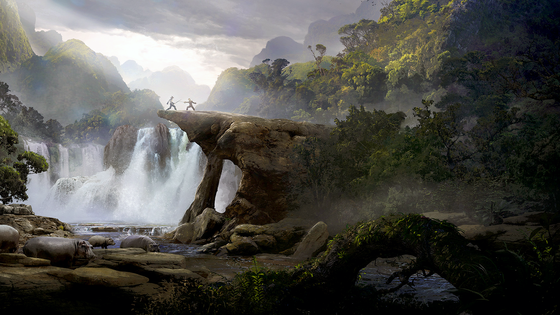 Digital art of a duel by waterfalls with hippos HD Wallpaper