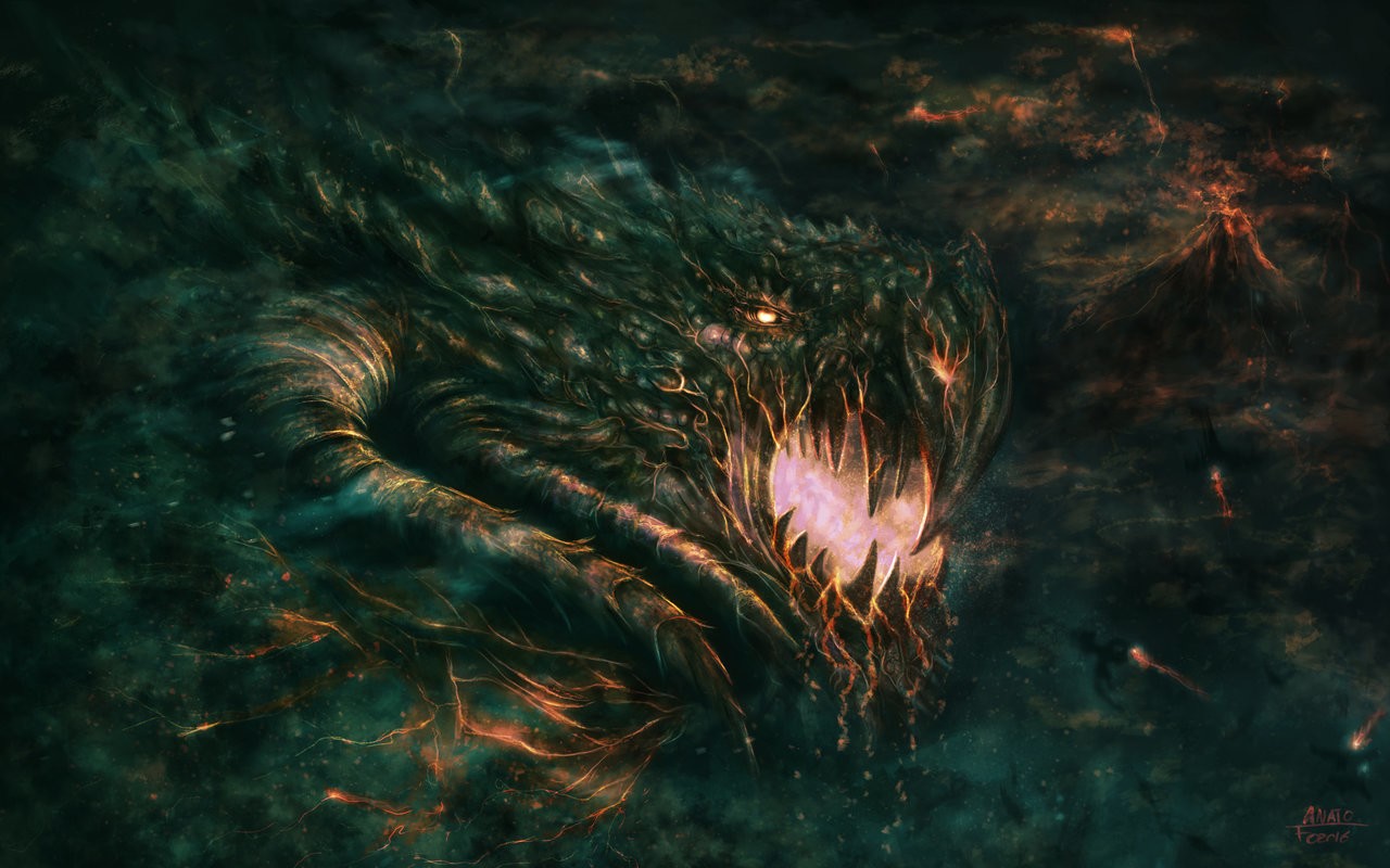 Dragon in a fiery landscape HD Wallpaper