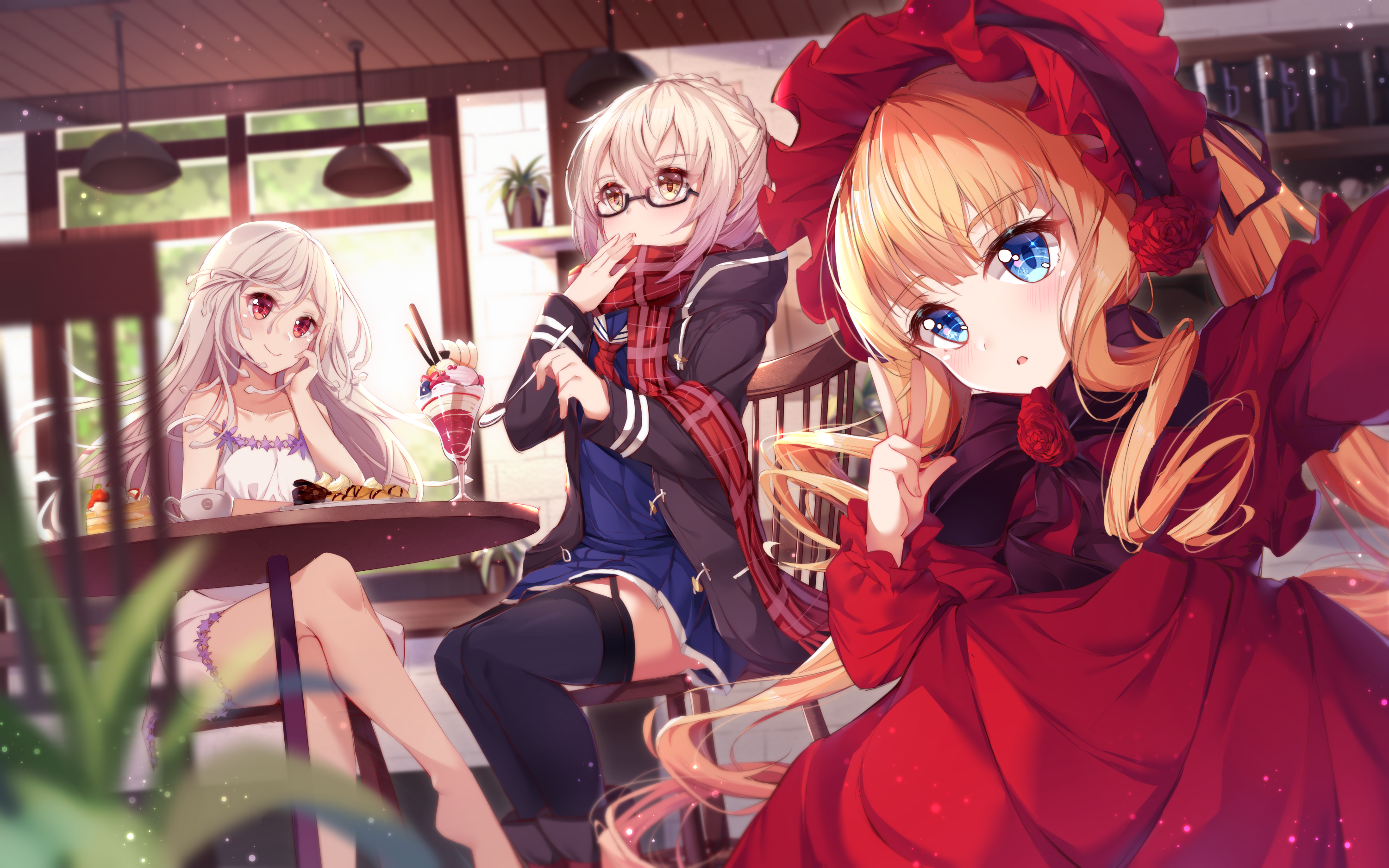 Three anime girls in a cafe with desserts HD Wallpaper