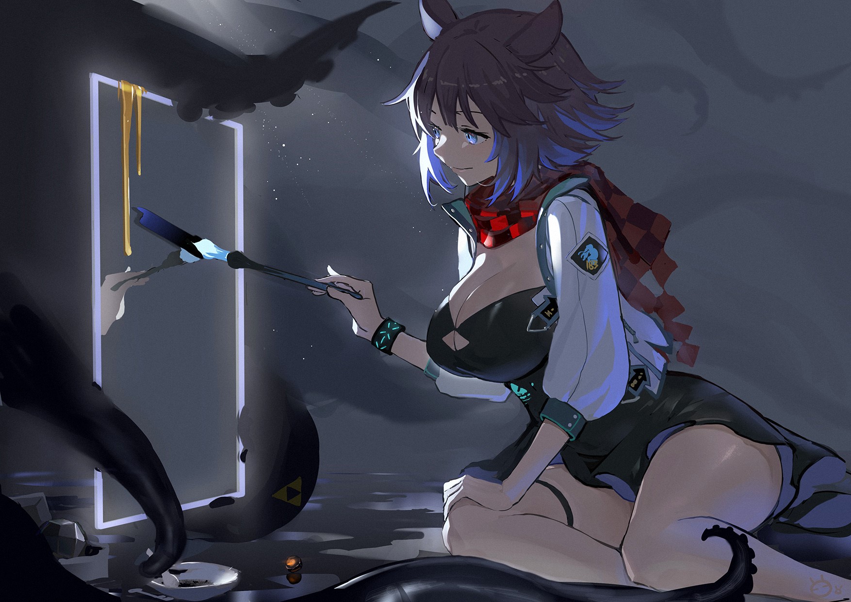 Anime girl with animal ears painting a portal HD Wallpaper