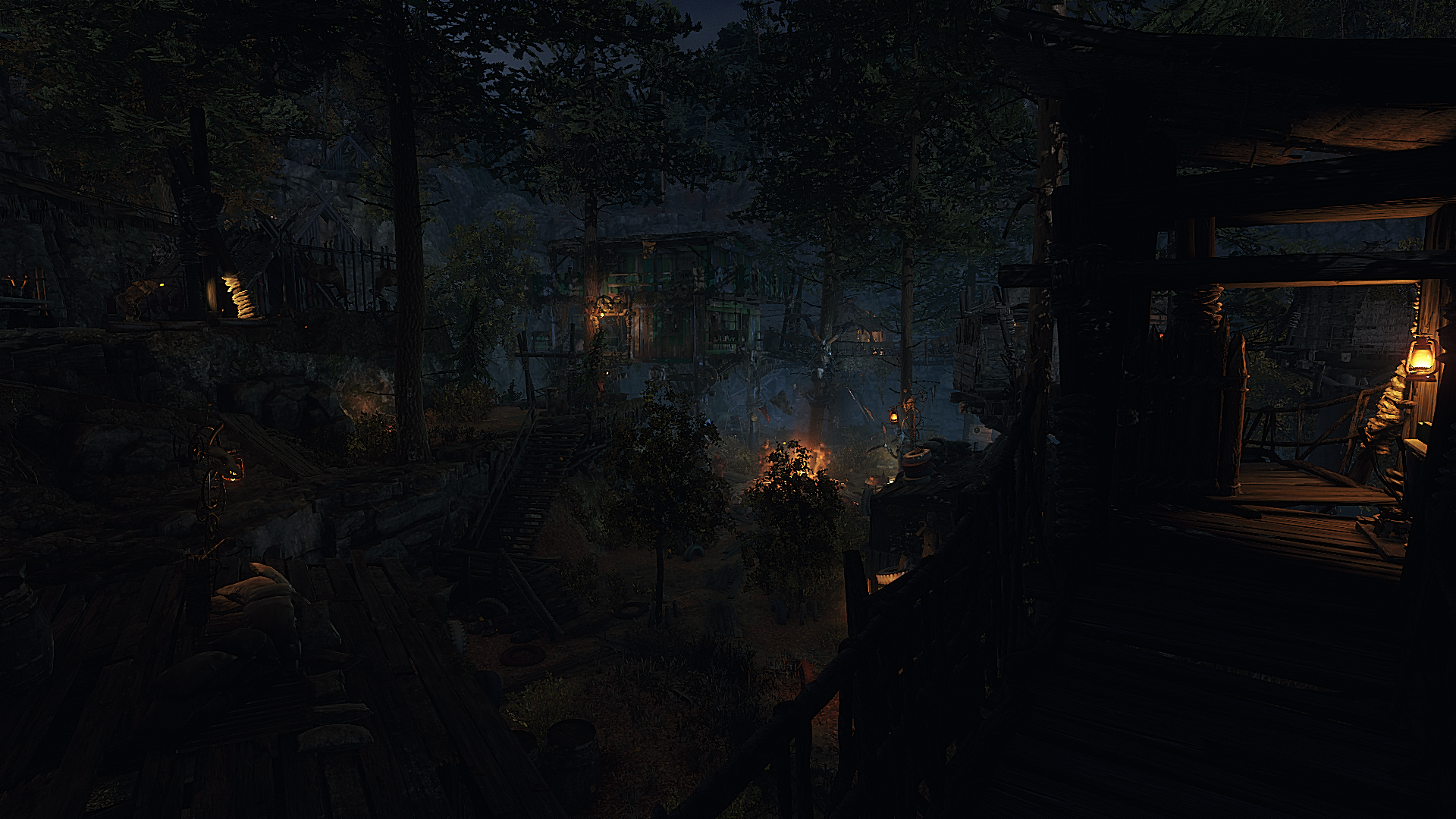 Artyom from Metro Exodus in a dark forest settlement HD Wallpaper