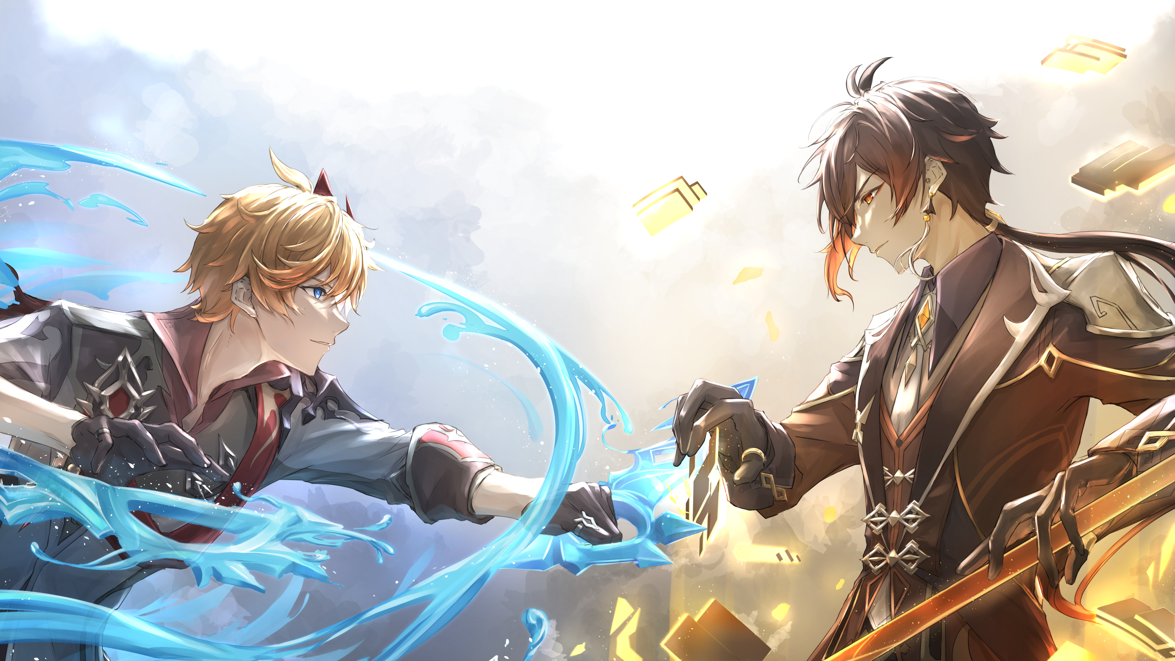 Tartaglia and Zhongli from Genshin Impact clashing HD Wallpaper