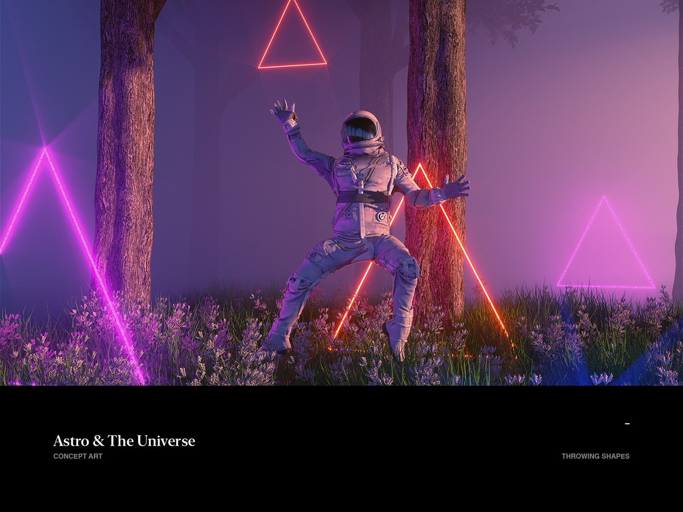 Astronaut throwing abstract neon shapes in a forest HD Wallpaper