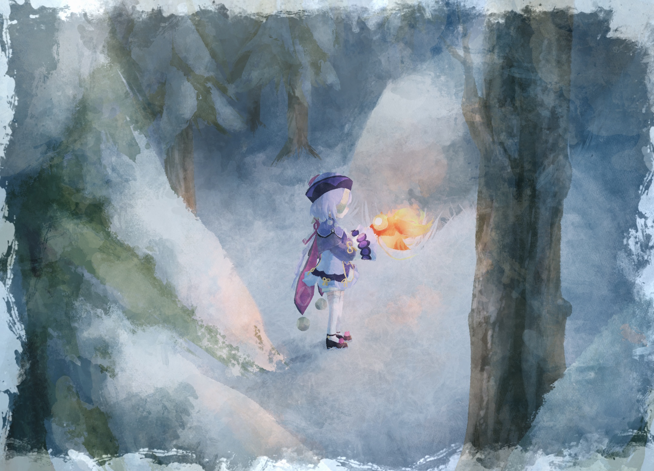 Qiqi holding a glowing fish in a snowy forest HD Wallpaper