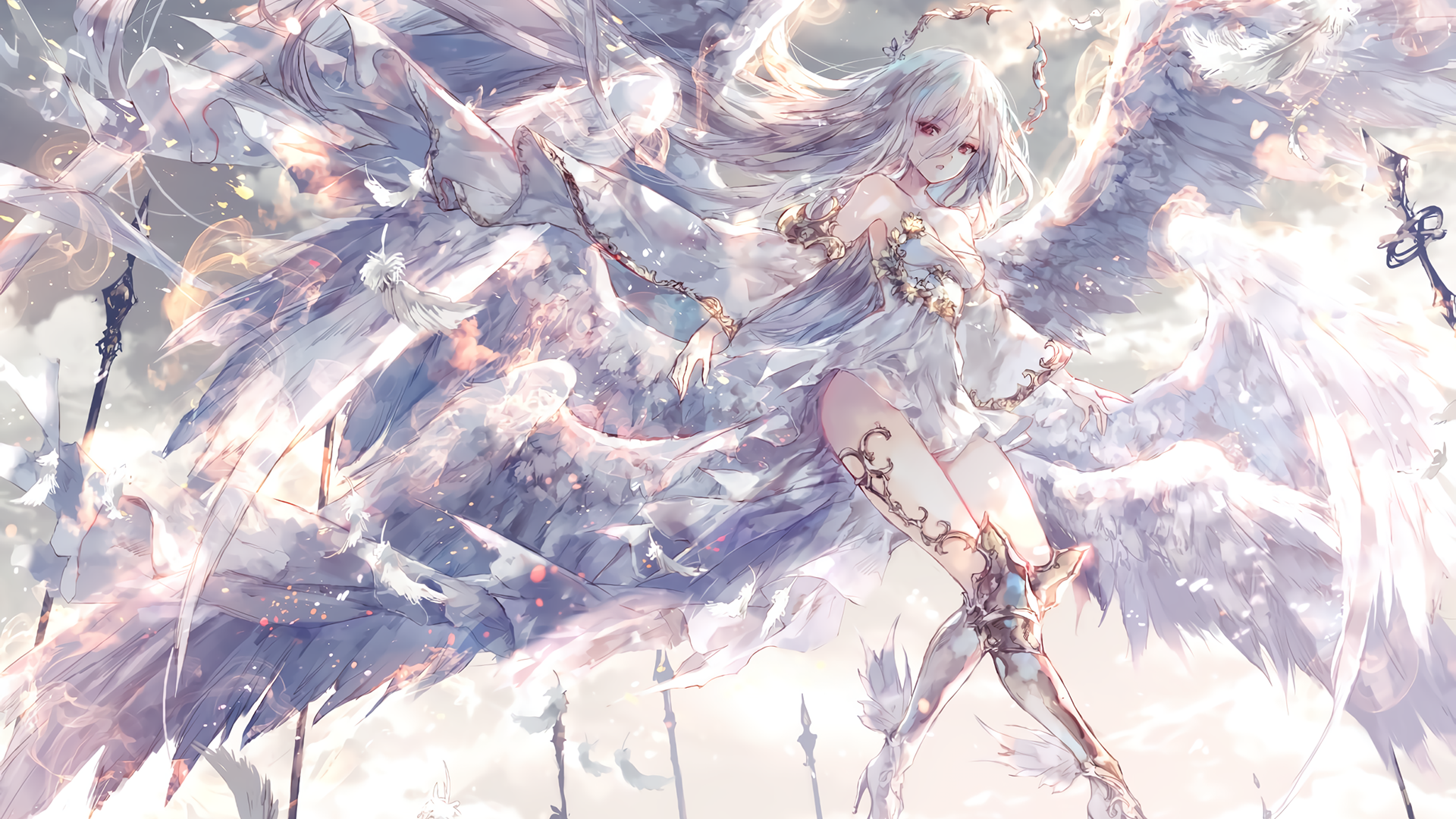 Angel with White Hair and Large Wings HD Wallpaper