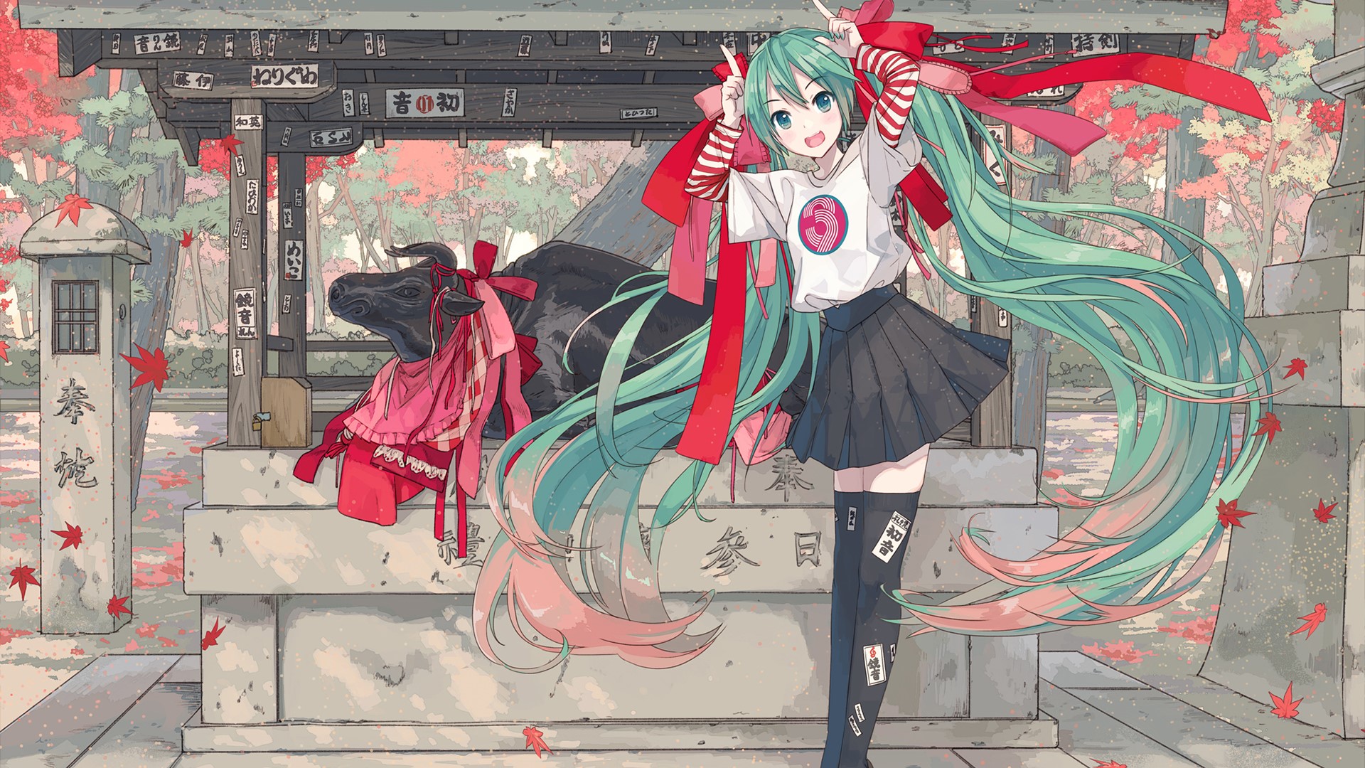 Hatsune Miku at a Japanese Shrine with a Bull HD Wallpaper