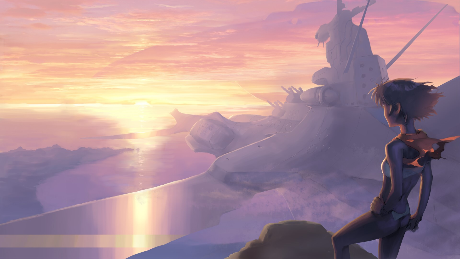 Anime girl looking at a spaceship at sunset HD Wallpaper