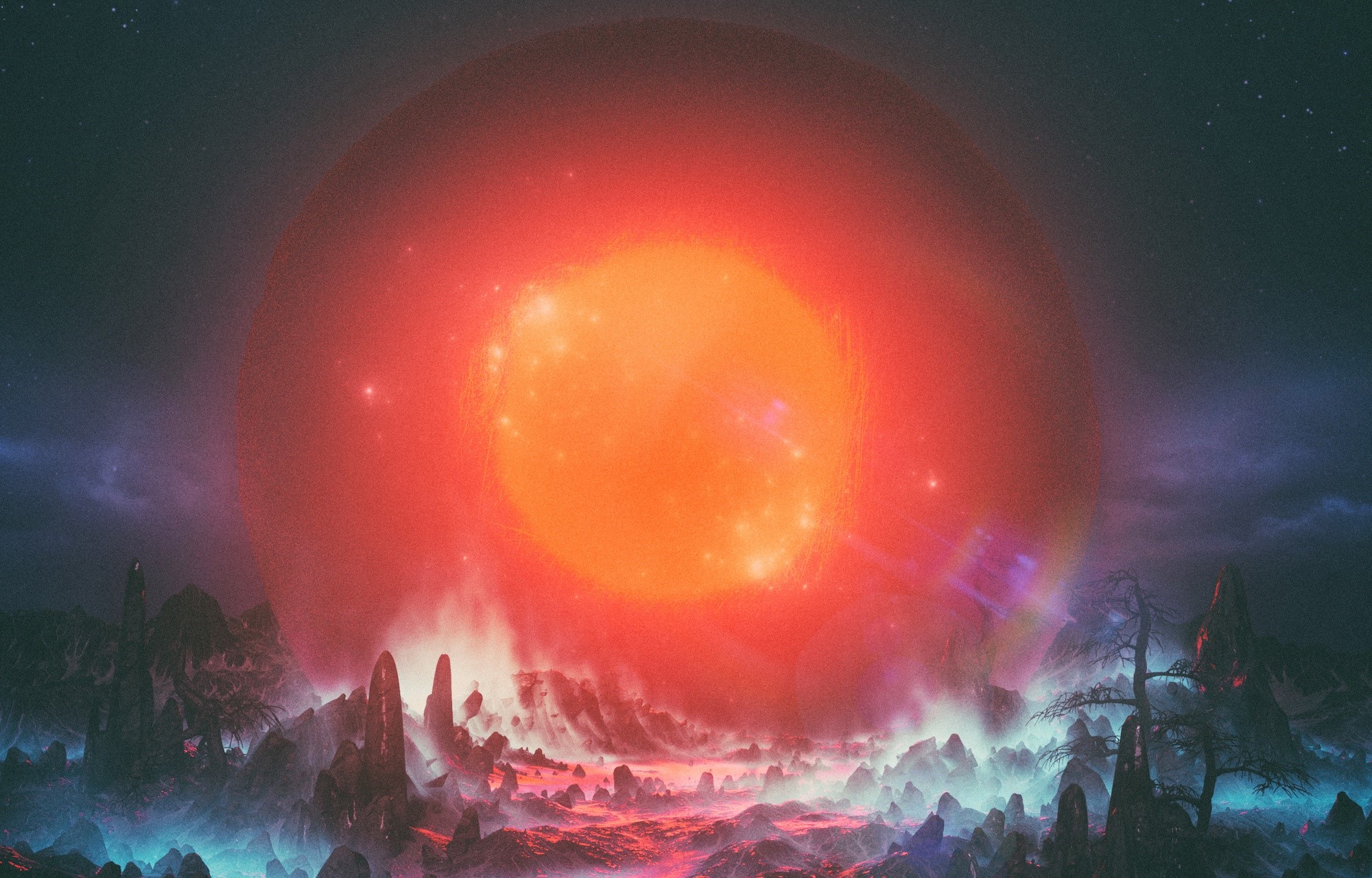 Fantasy artwork of a red giant star over a rocky alien landscape HD Wallpaper