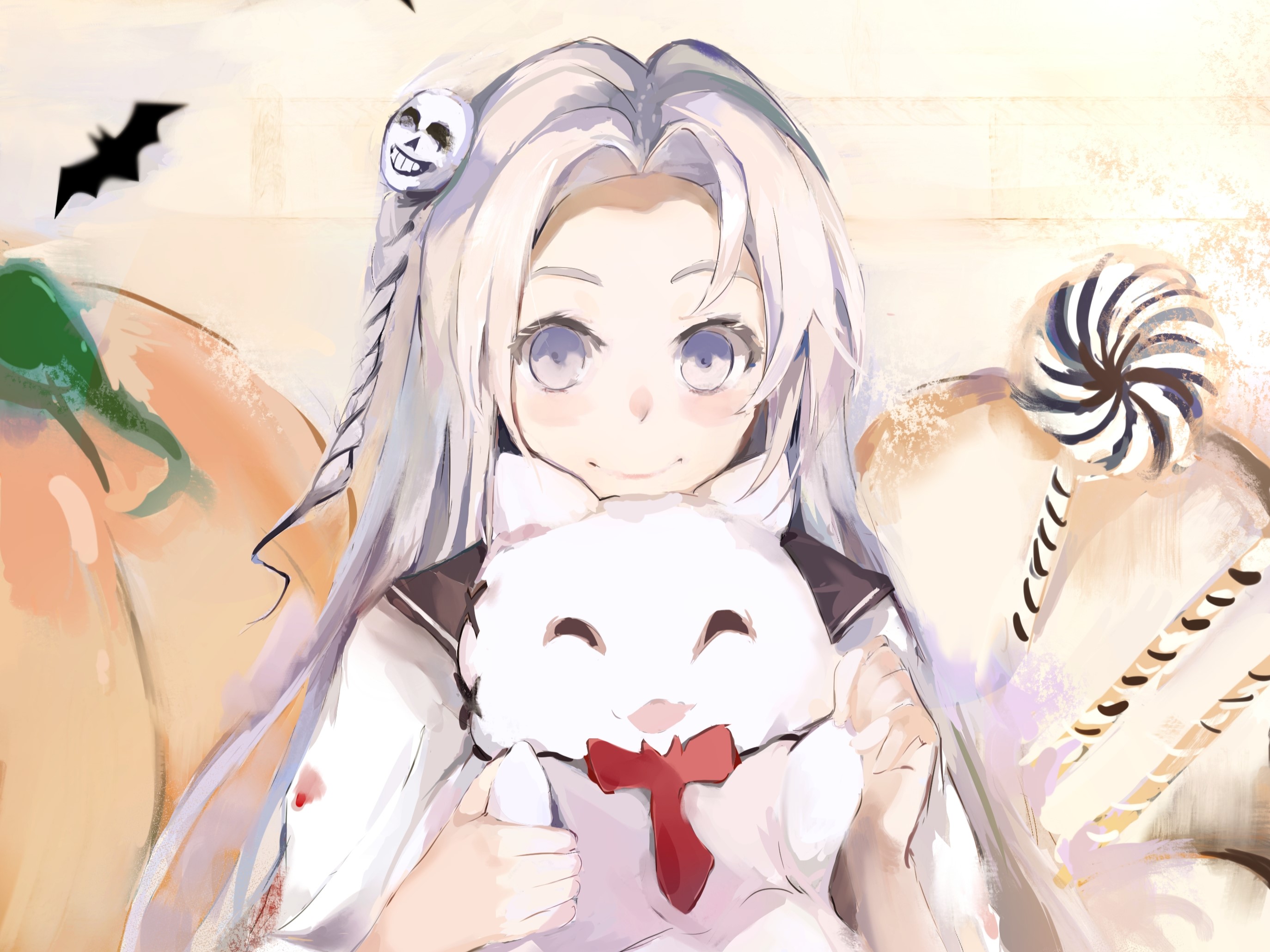 Anime girl with white hair holding a plush toy HD Wallpaper