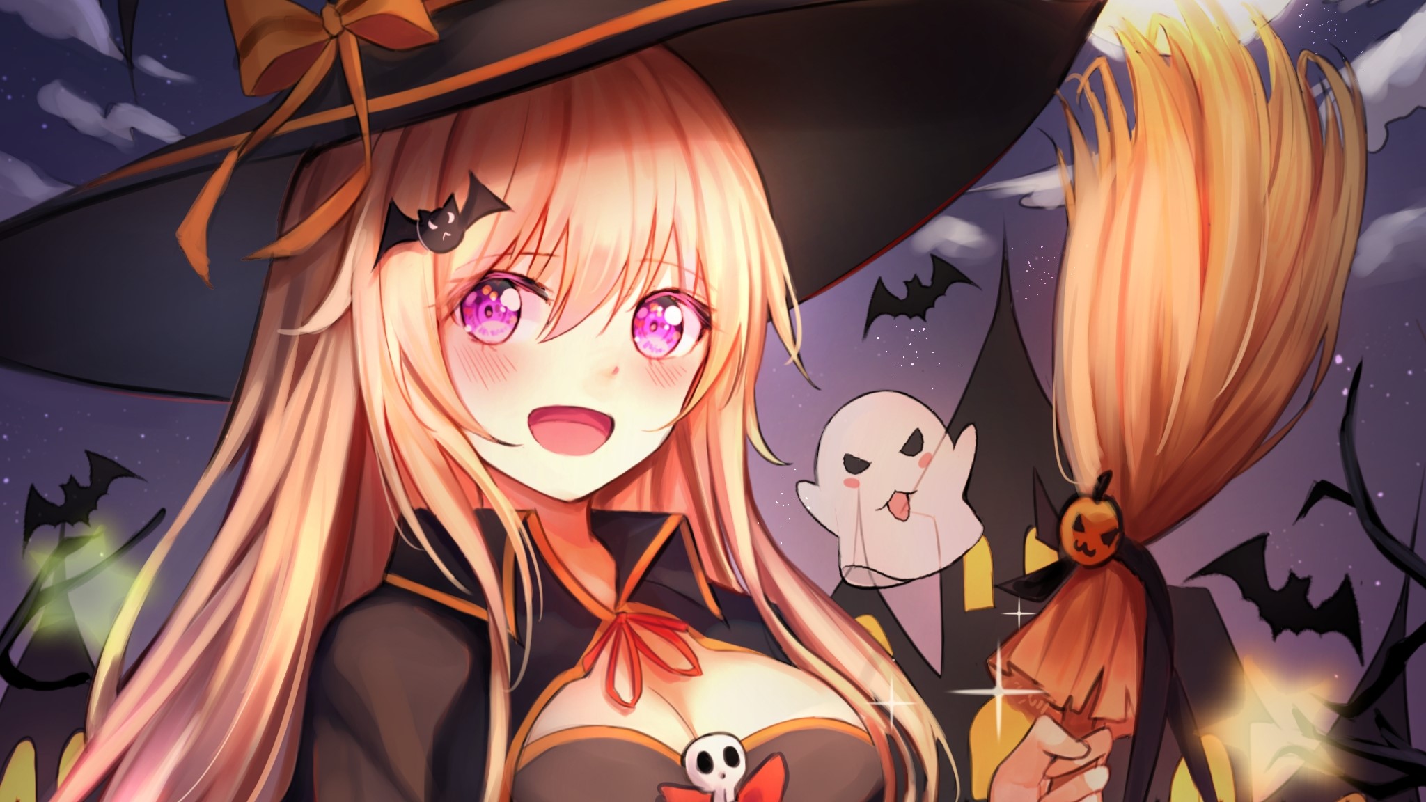 Anime girl in witch costume with broomstick for Halloween HD Wallpaper