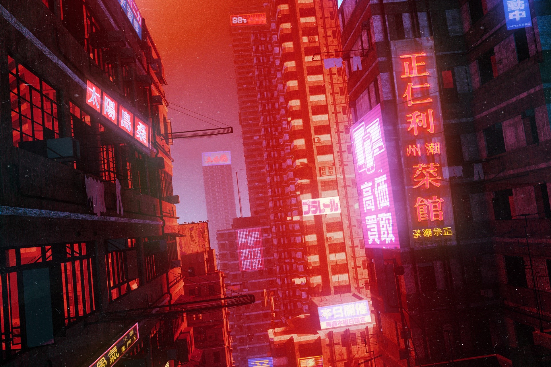 Futuristic Asian Cityscape with Neon Signs HD Wallpaper
