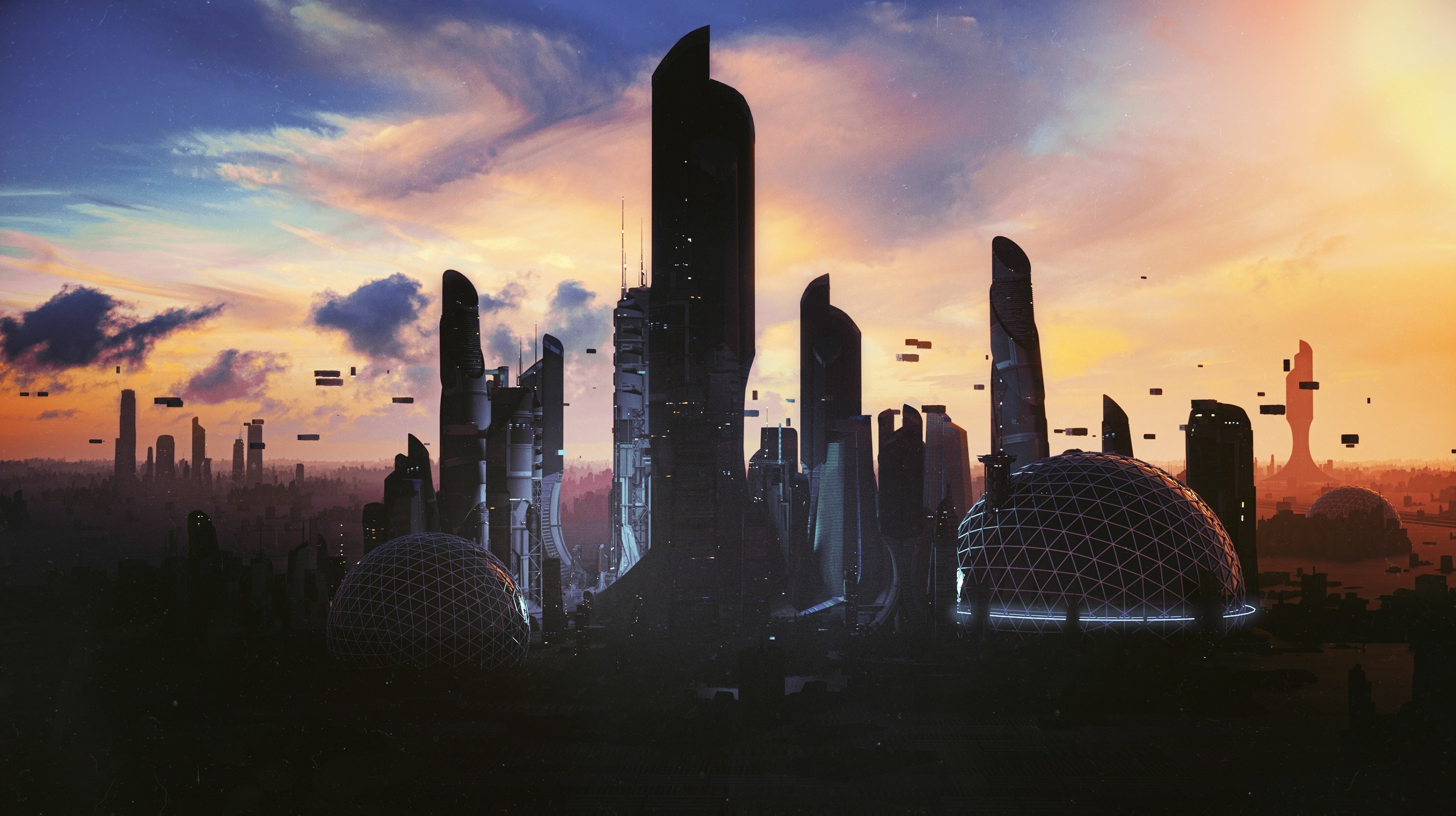 Futuristic city skyline at sunset with flying vehicles HD Wallpaper