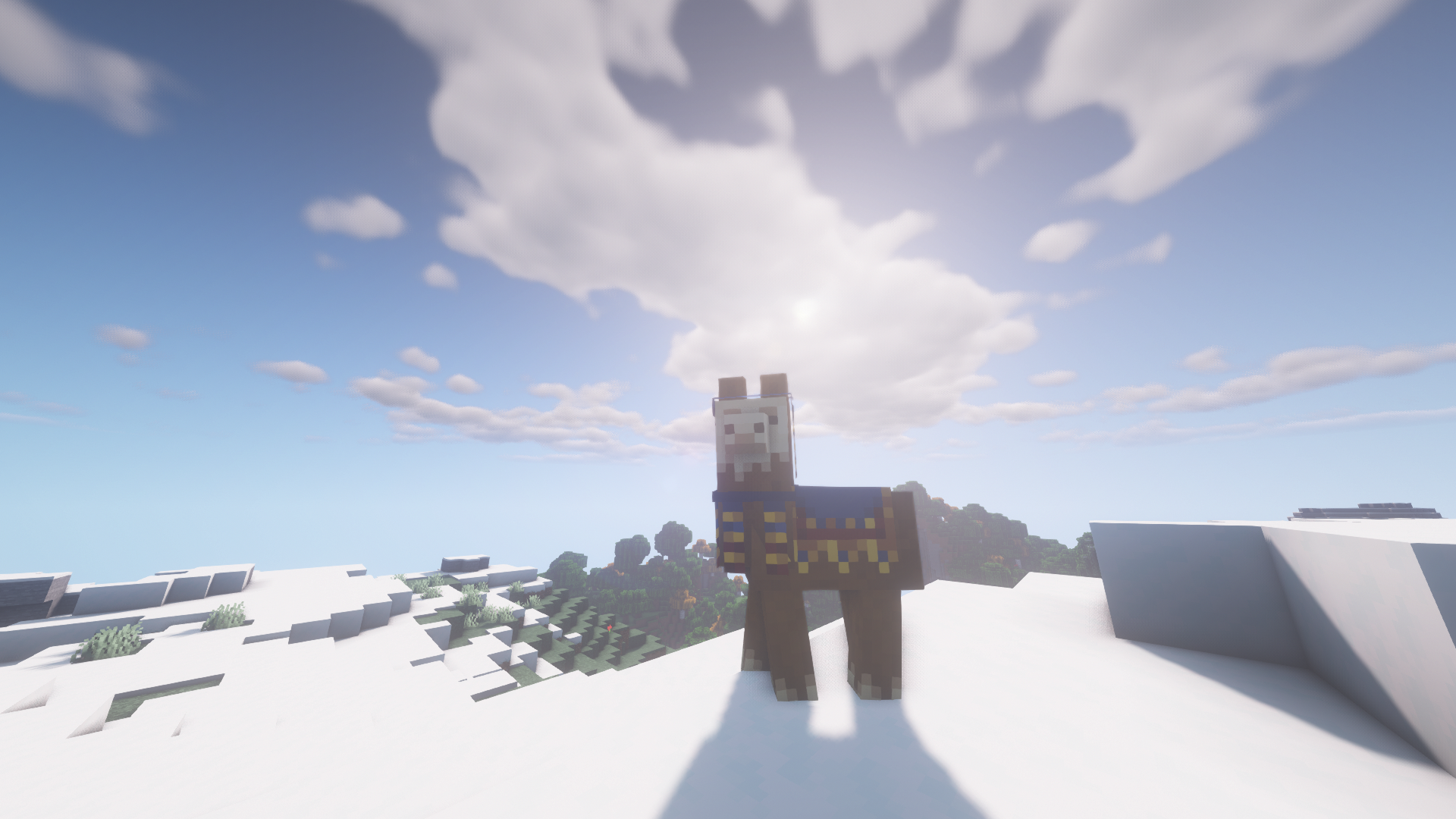 Llama in a snowy Minecraft landscape HD Wallpaper