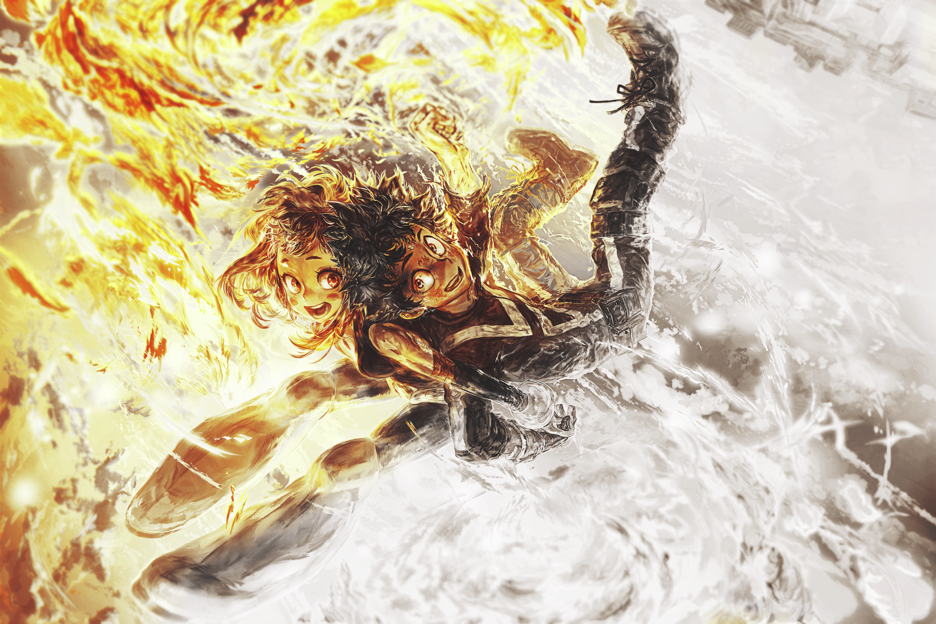Deku and Uraraka from My Hero Academia with fire and ice powers HD Wallpaper