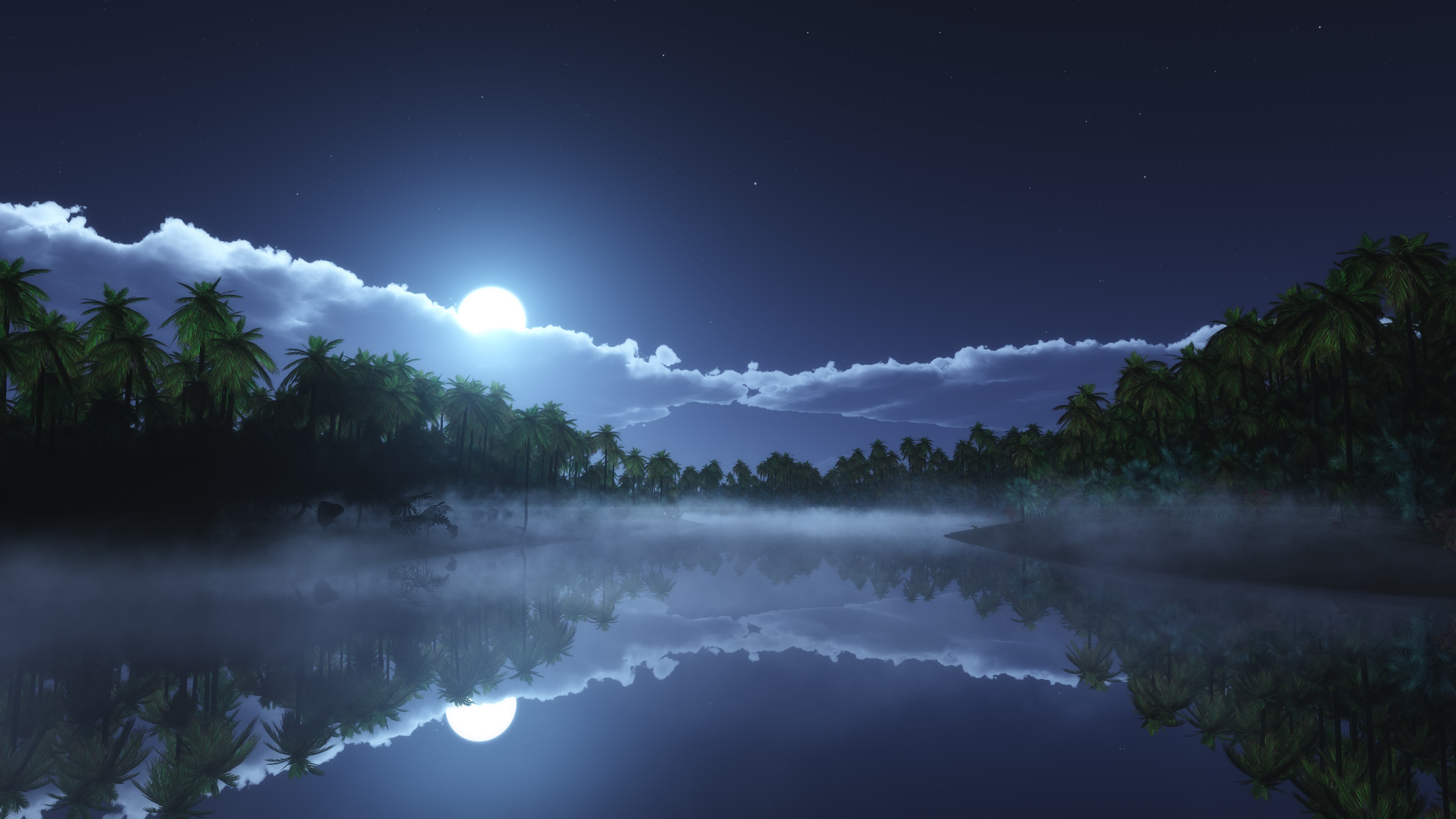 4K night lake with palm trees and moon HD Wallpaper