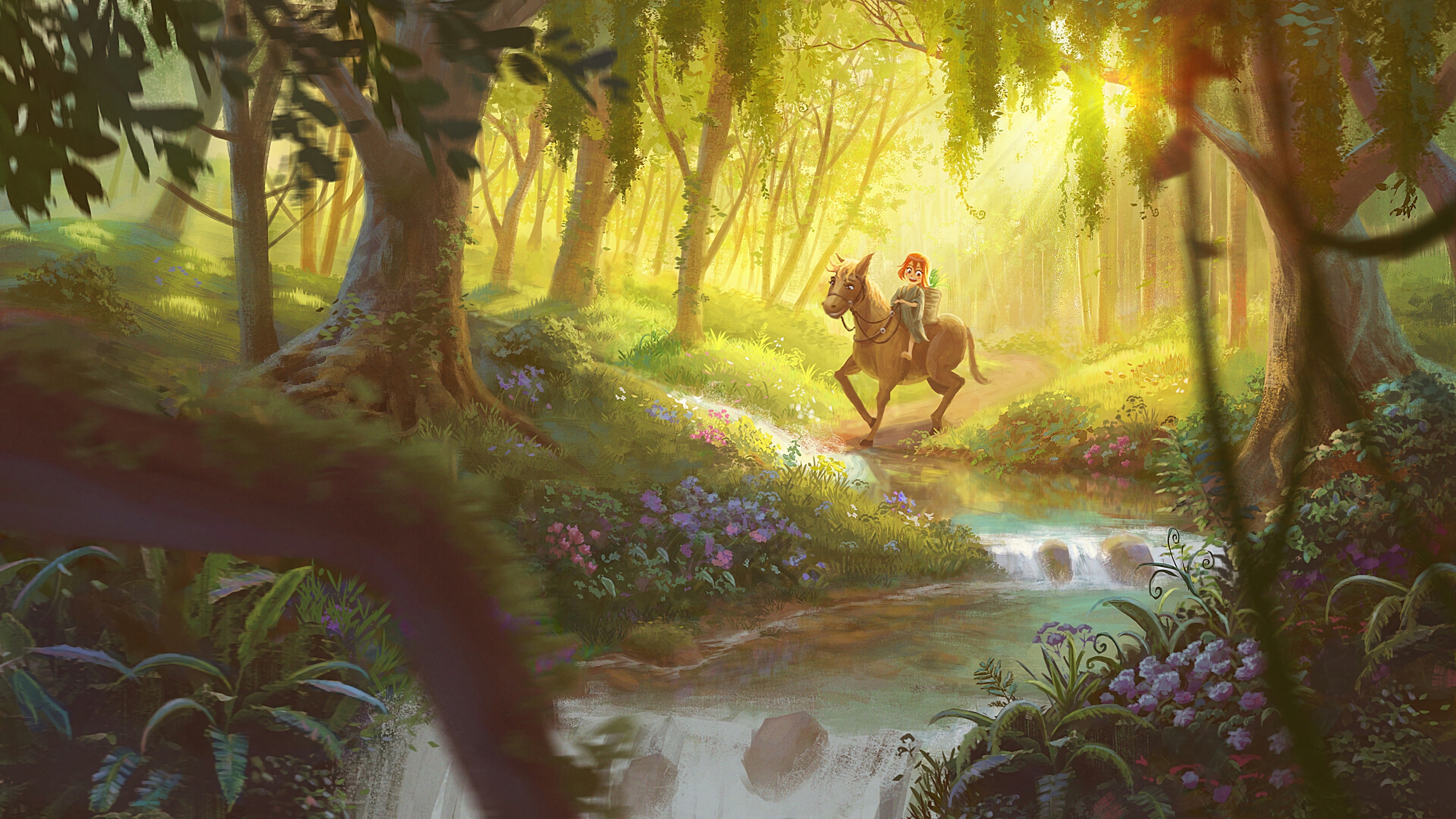 Illustration of a person riding a horse by a river HD Wallpaper