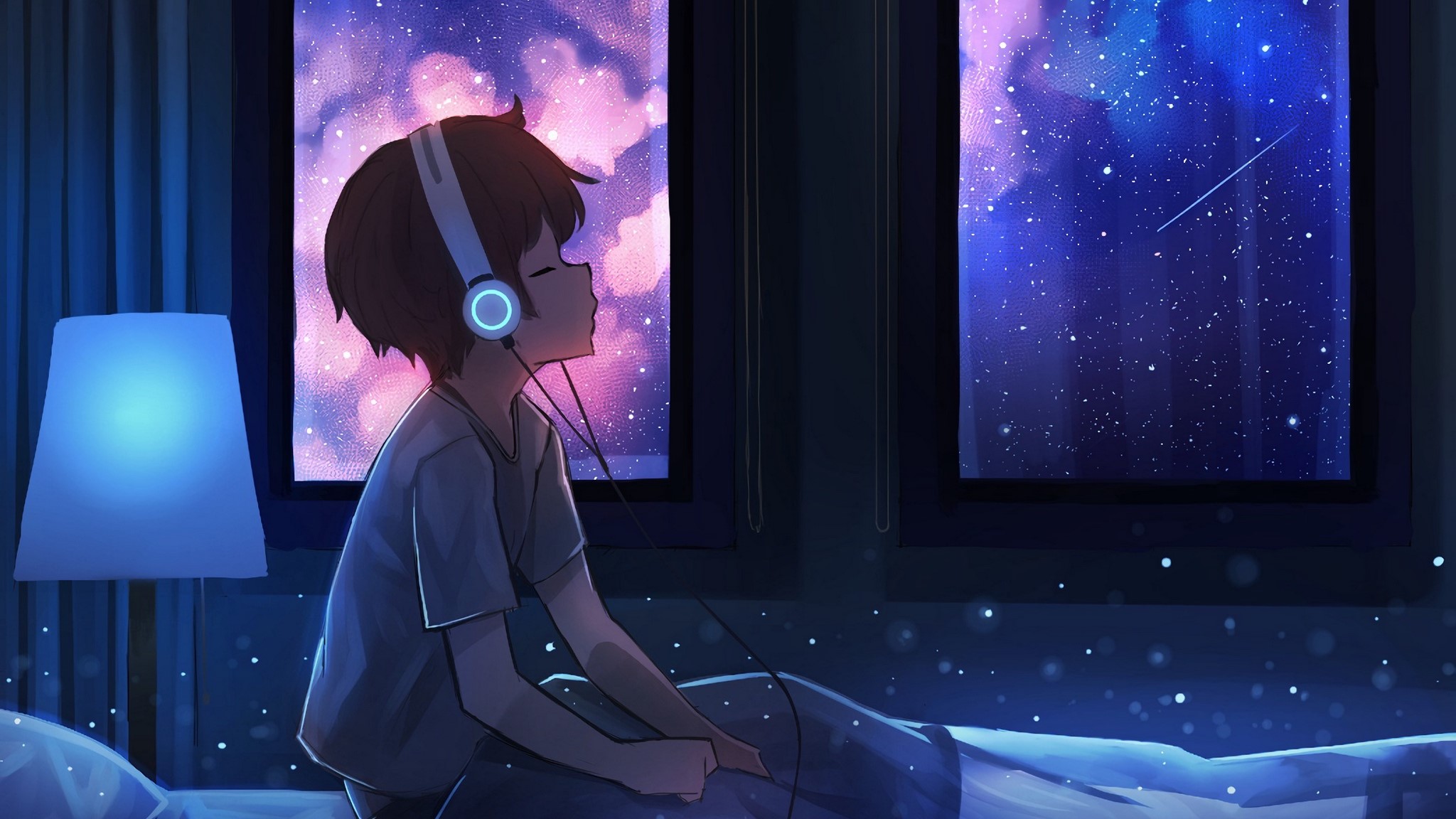 Anime boy with headphones listening to music by the window HD Wallpaper
