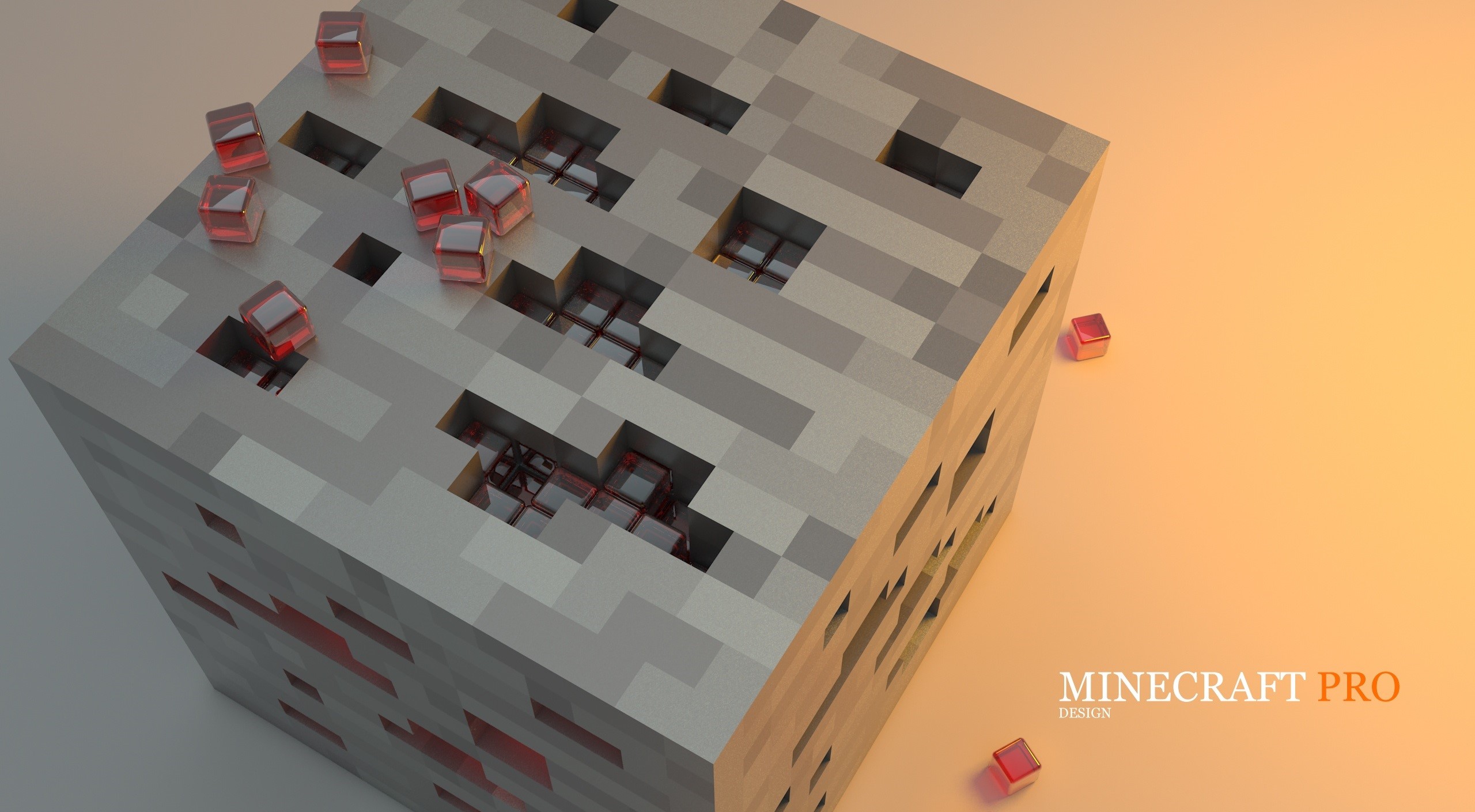 Minecraft inspired 3D abstract art with red cubes HD Wallpaper