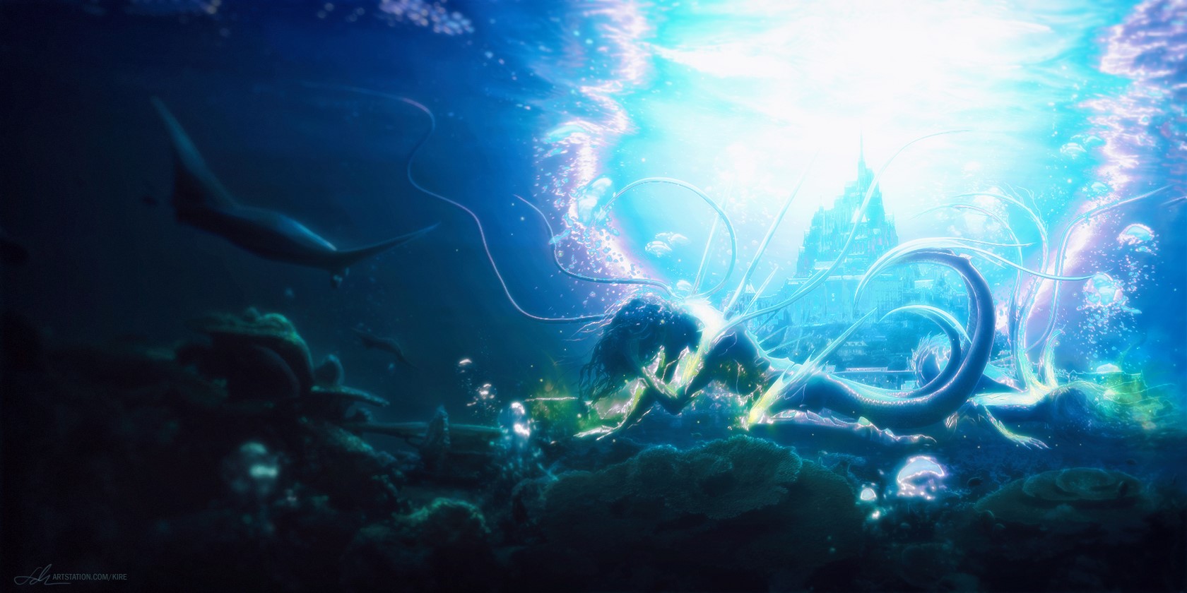 Underwater fantasy art with mermaid and manta rays HD Wallpaper