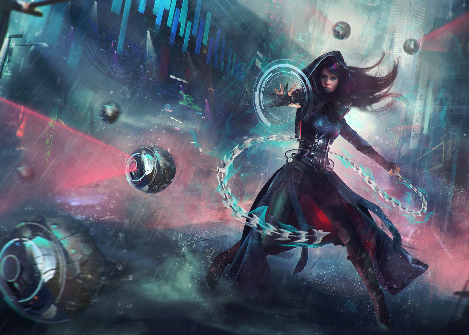 Cyberpunk woman with chains and orbs in the rain HD Wallpaper