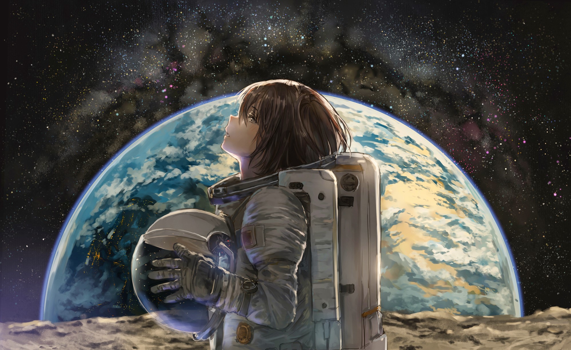 Anime girl astronaut on the moon with Earth in the background HD Wallpaper