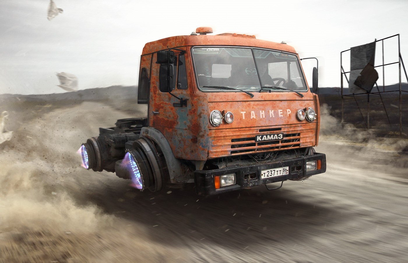 Rusty flying Kamaz tanker truck in a desert HD Wallpaper