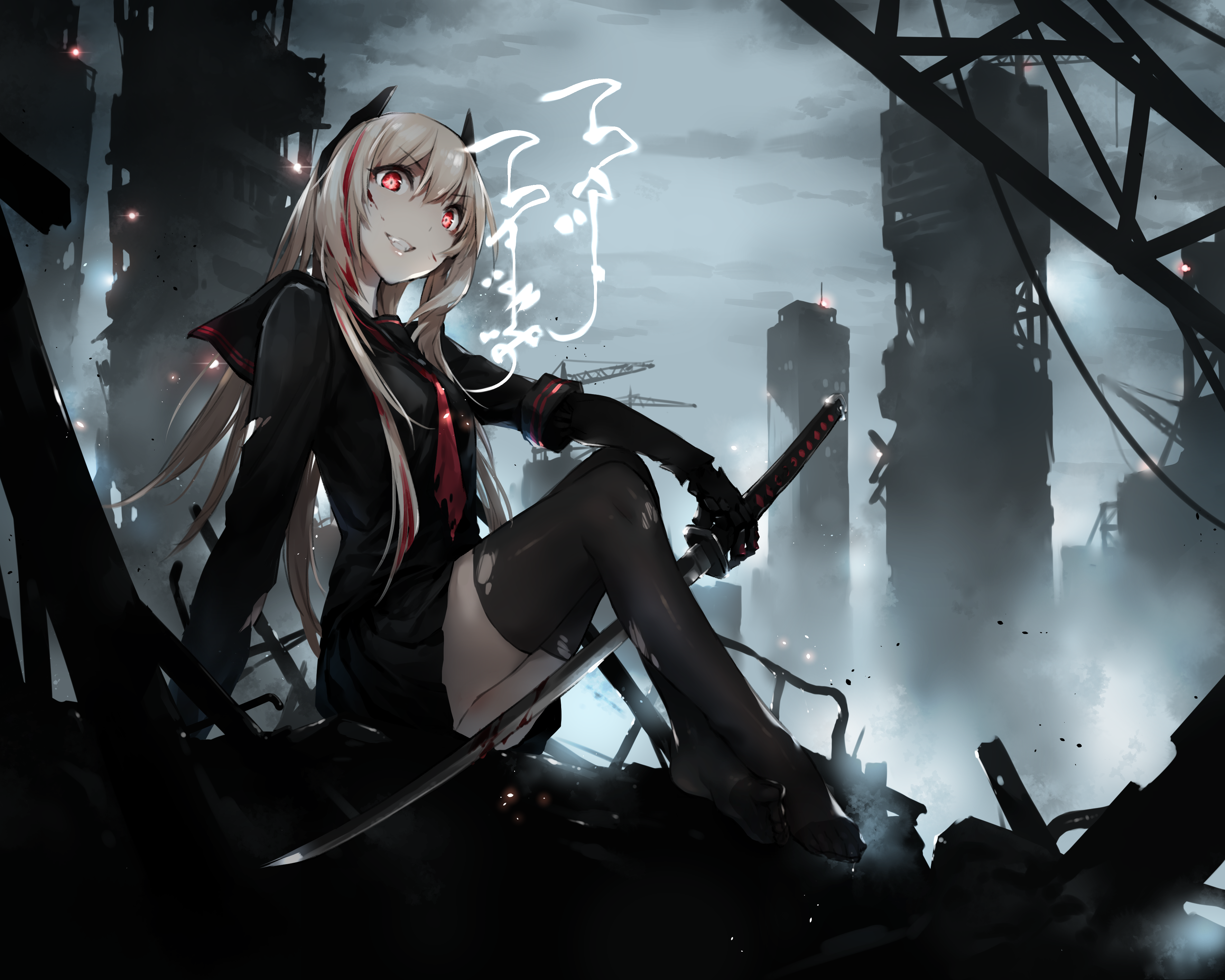 Anime girl with red eyes and sword in ruined city HD Wallpaper