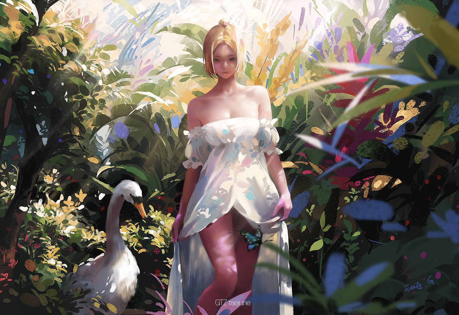 Woman in white dress with swan in nature HD Wallpaper
