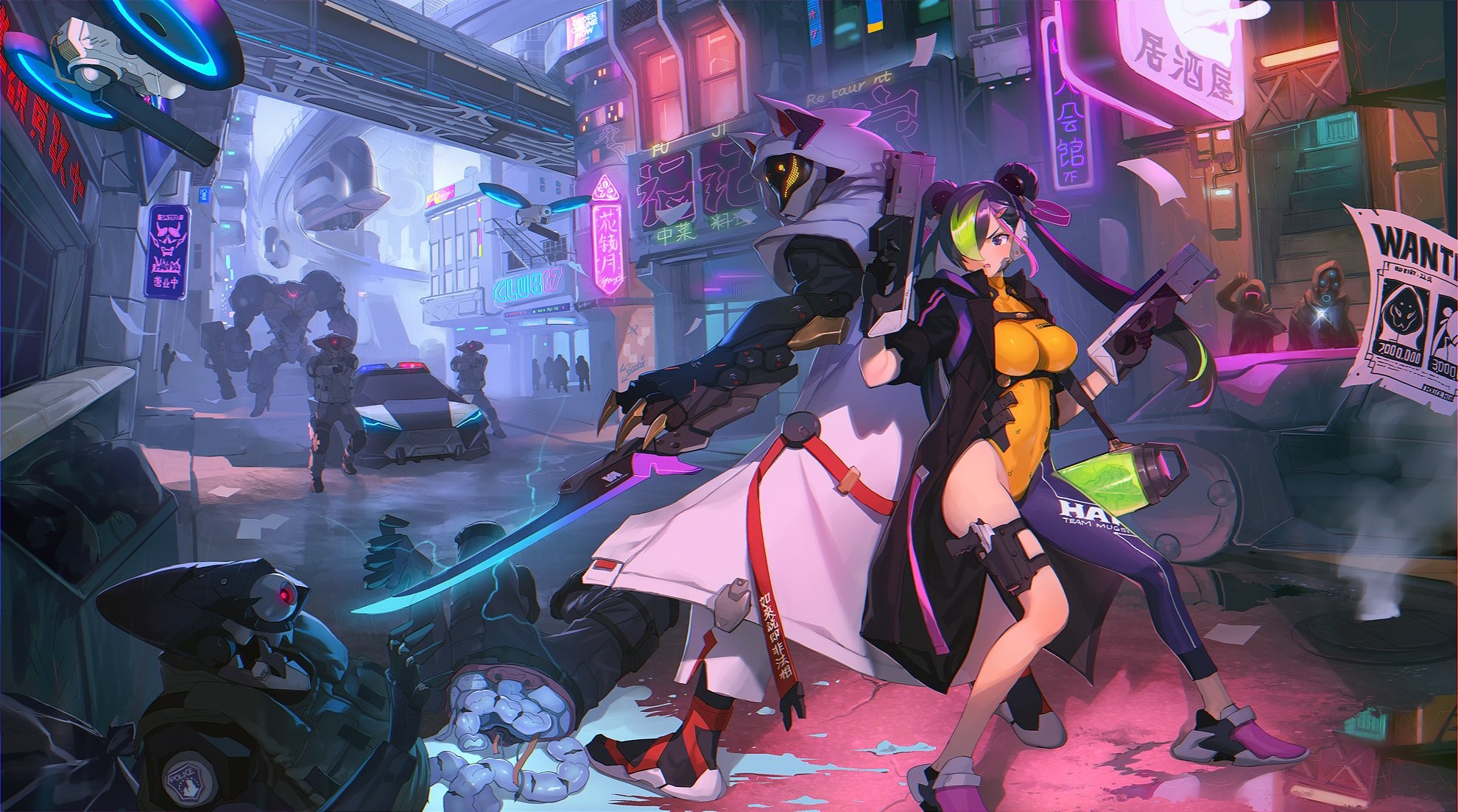 Cyberpunk street scene with anime characters and mechs HD Wallpaper