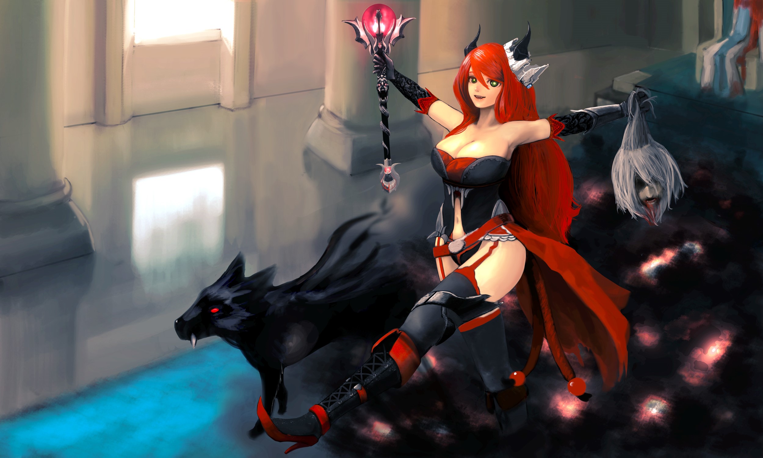 Woman with red hair and wolf from Pixiv Fantasia: Fallen Kings HD Wallpaper