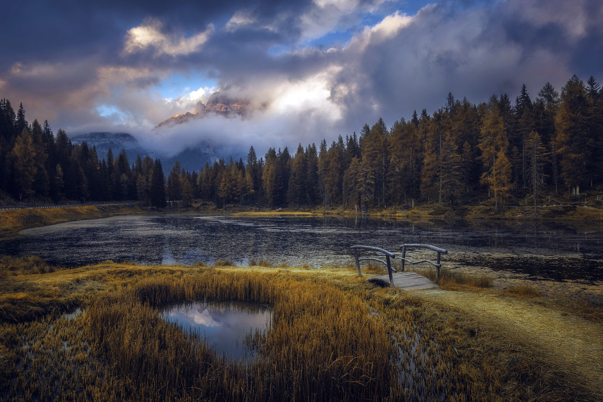 Autumn forest landscape with a lake and mountains HD Wallpaper