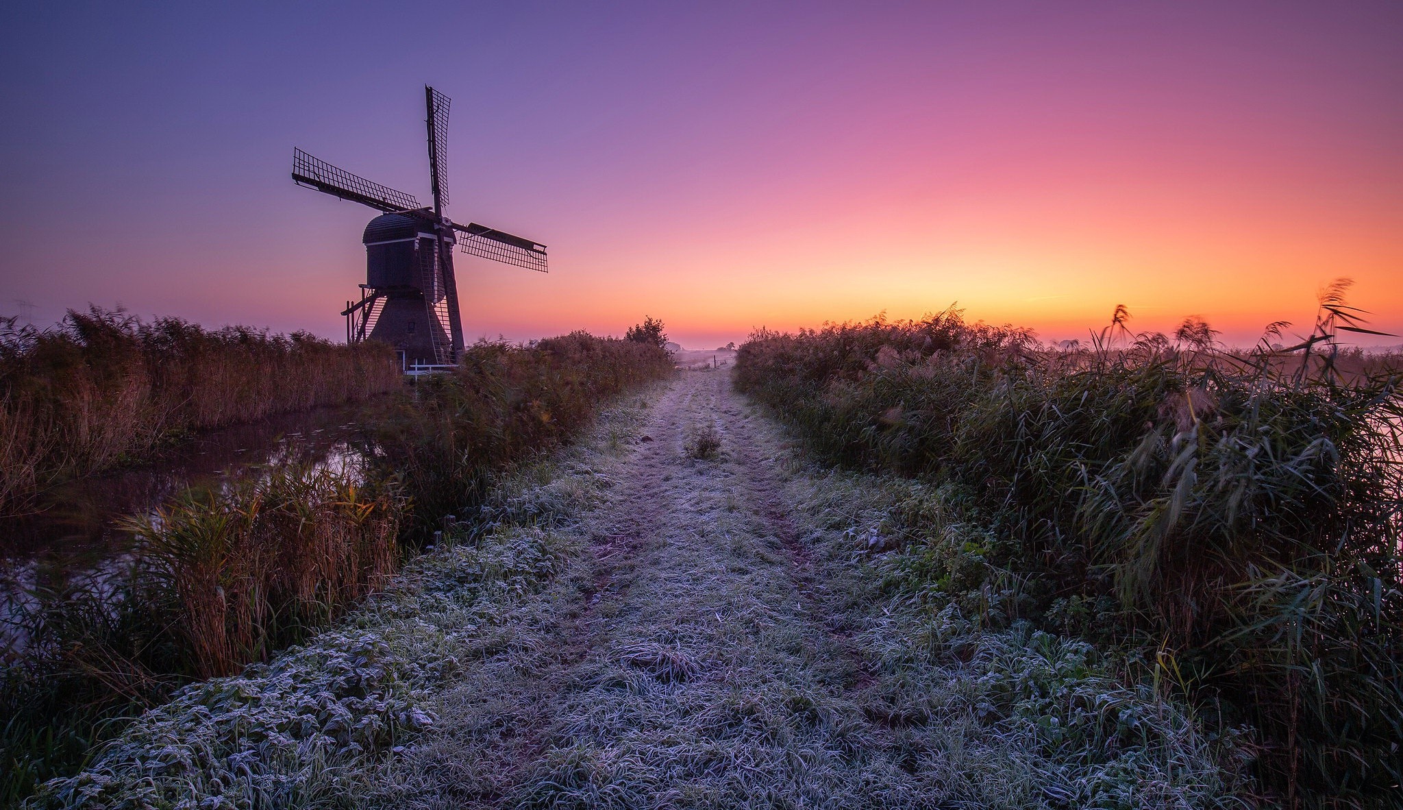 Windmill in Netherlands at sunrise with frost HD Wallpaper