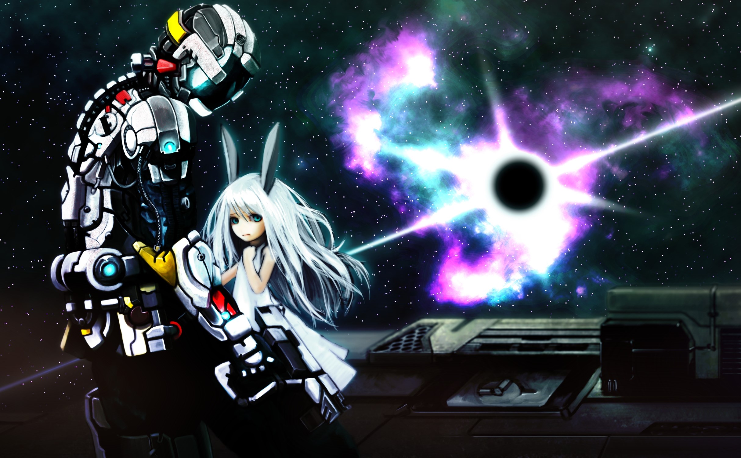 Girl with bunny ears and robot in space galaxy HD Wallpaper