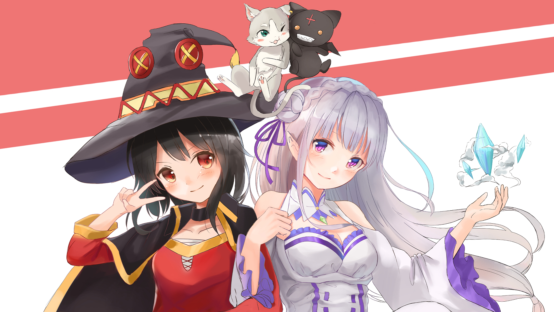 Megumin and Emilia from Re:Zero and KonoSuba with Puck and Chomusuke HD Wallpaper