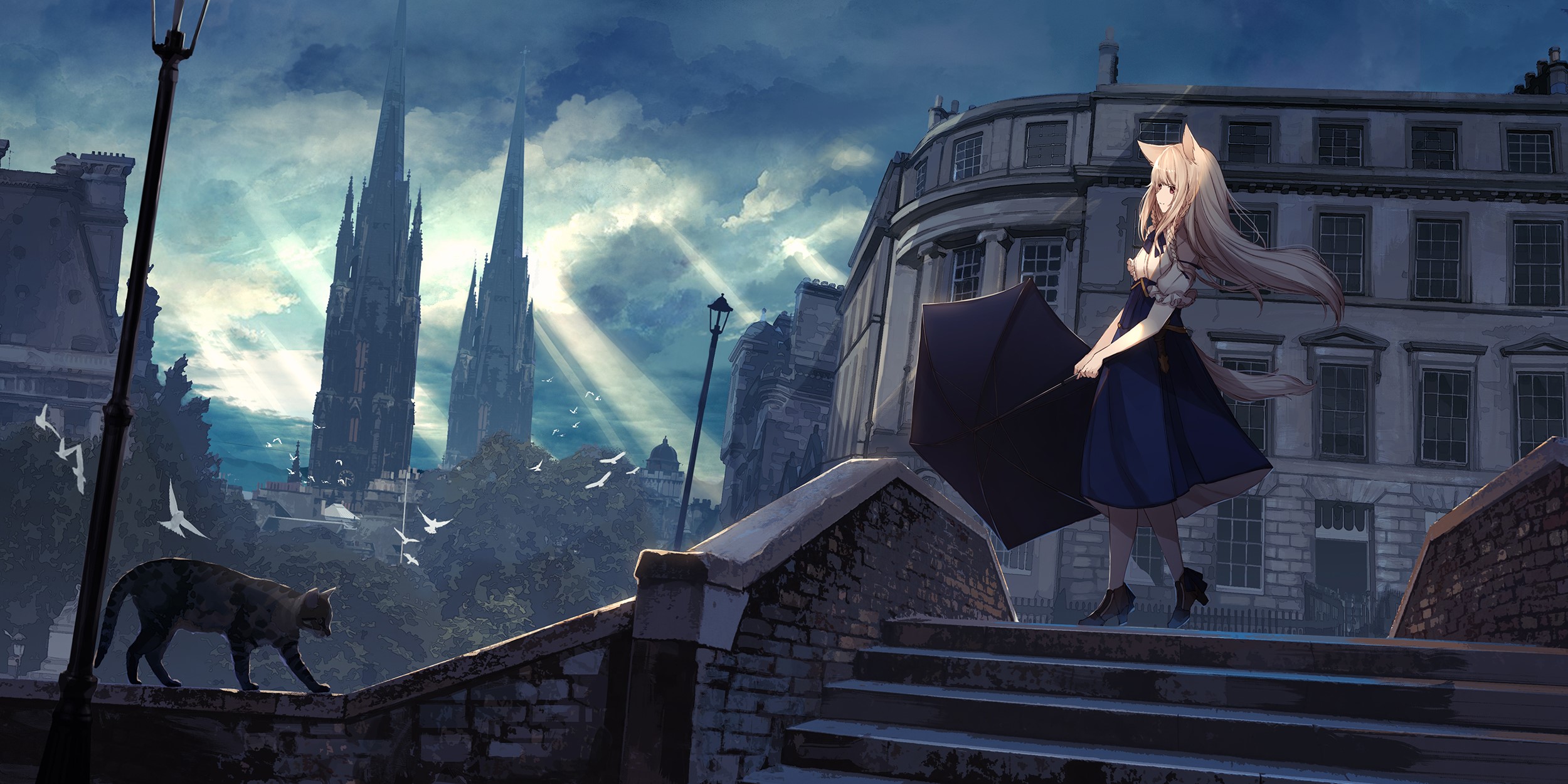 Anime girl with animal ears and umbrella in fantasy city HD Wallpaper