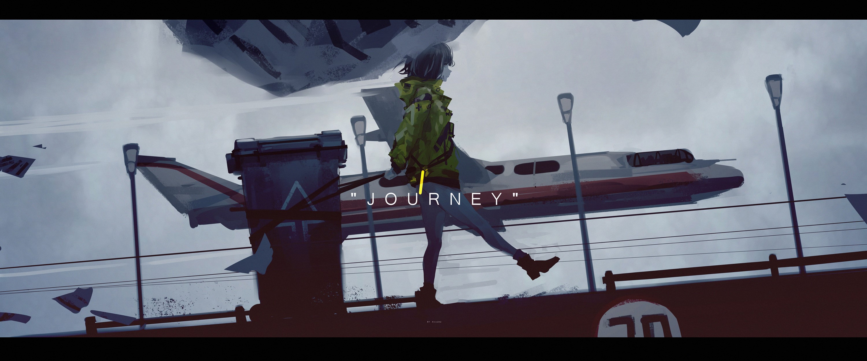 Anime girl with "JOURNEY" text and airplane HD Wallpaper