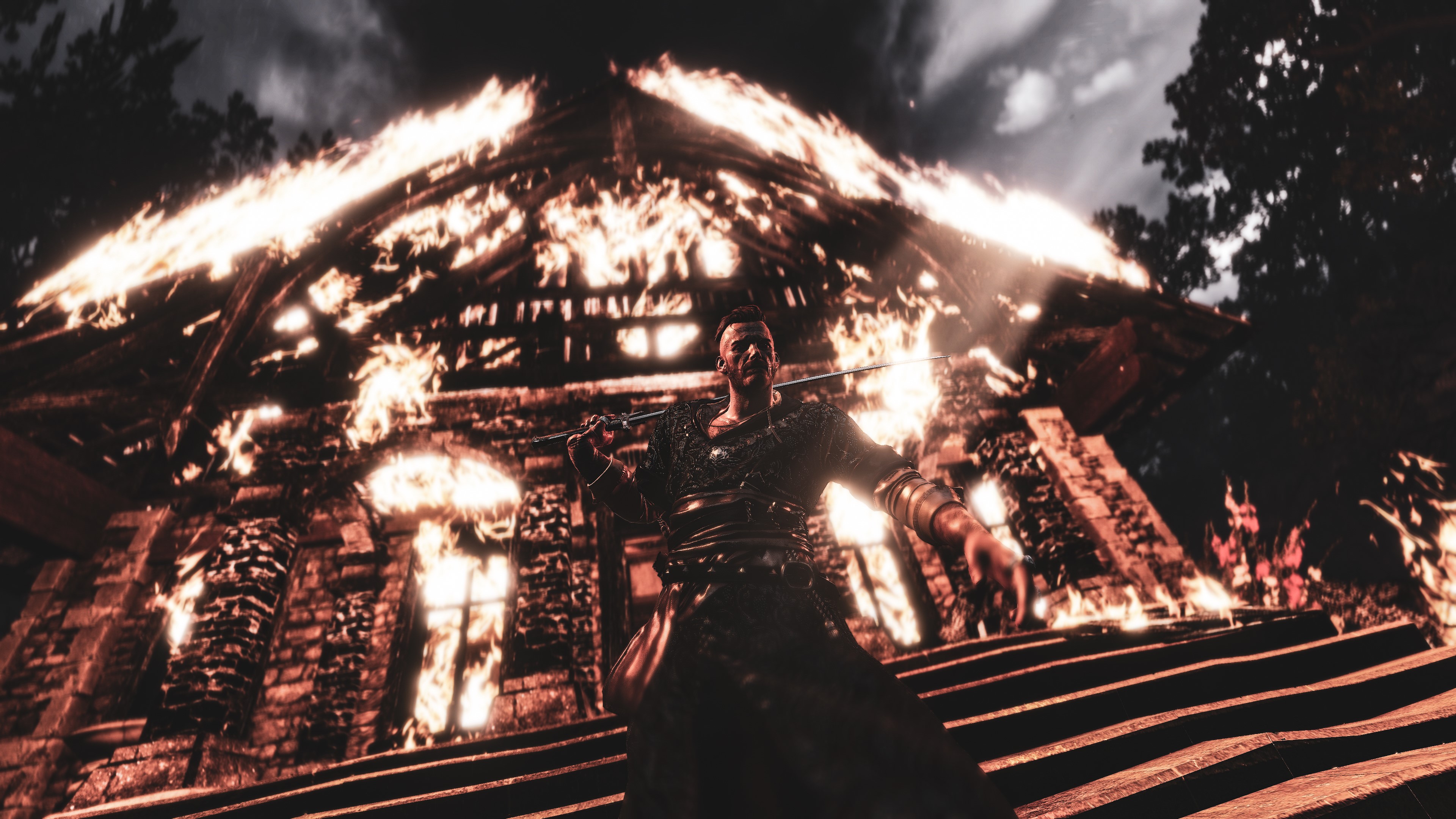 Geralt from The Witcher 3: Wild Hunt in a burning building HD Wallpaper