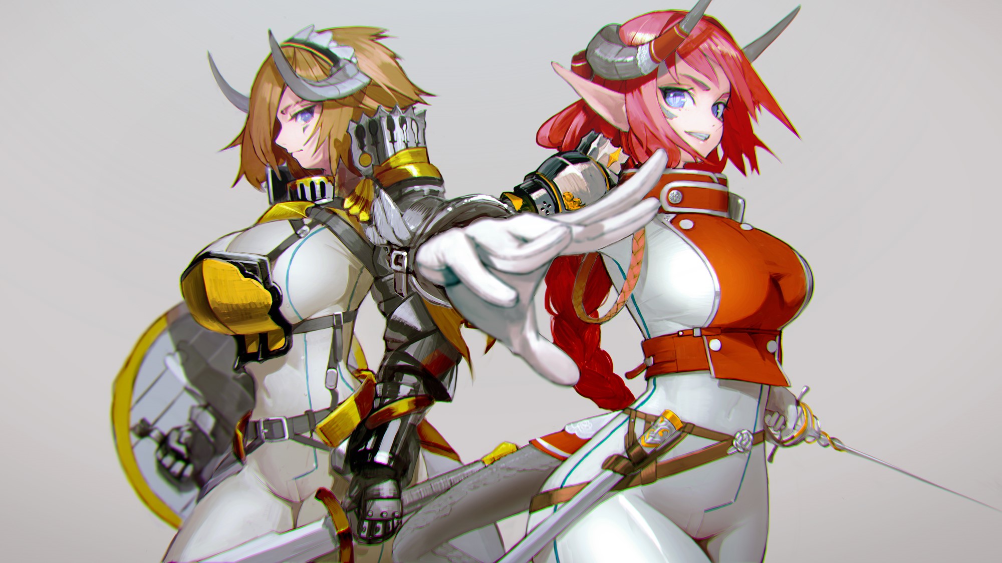 Two female warriors with horns and armor HD Wallpaper