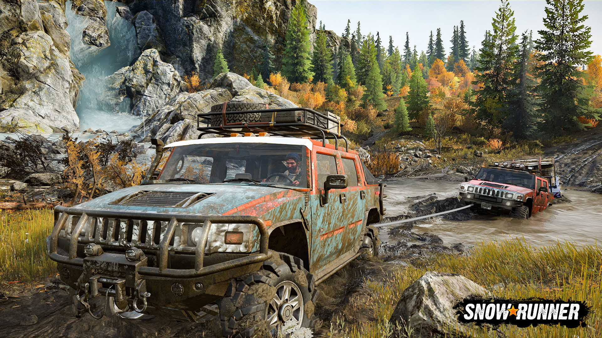 SnowRunner: Two Hummer H1s in a Muddy Forest HD Wallpaper