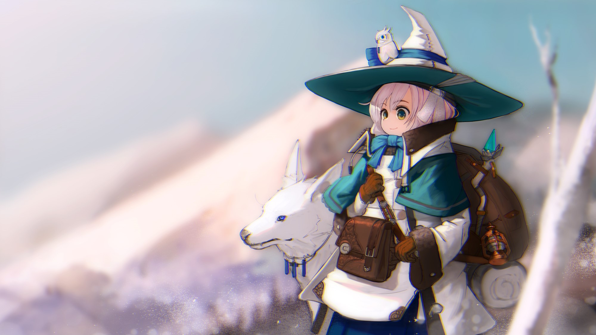 Anime girl with white wolf and owl on hat HD Wallpaper