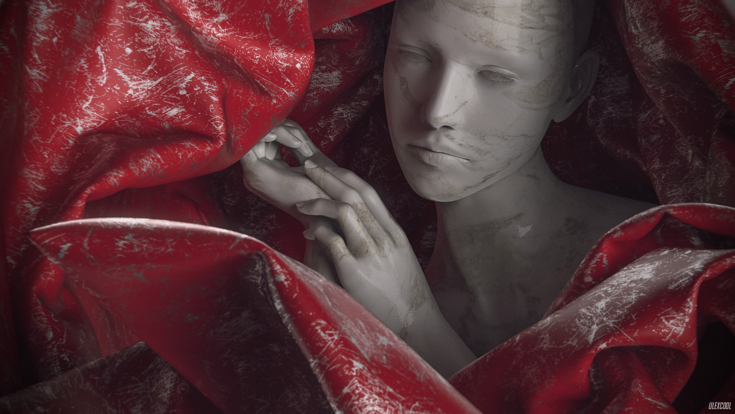 Marble figure draped in red fabric with scratches HD Wallpaper