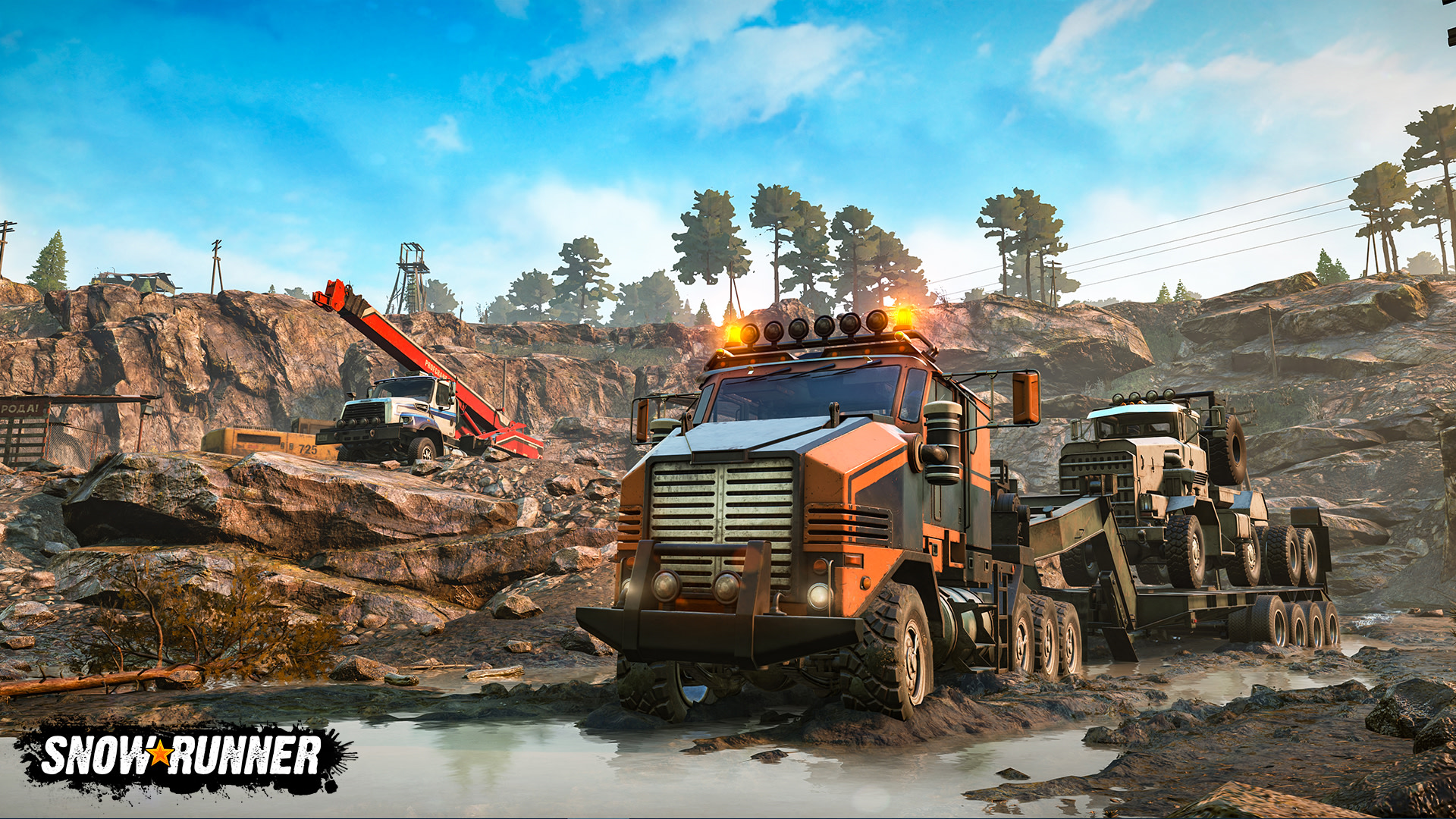 SnowRunner trucks in a muddy terrain HD Wallpaper