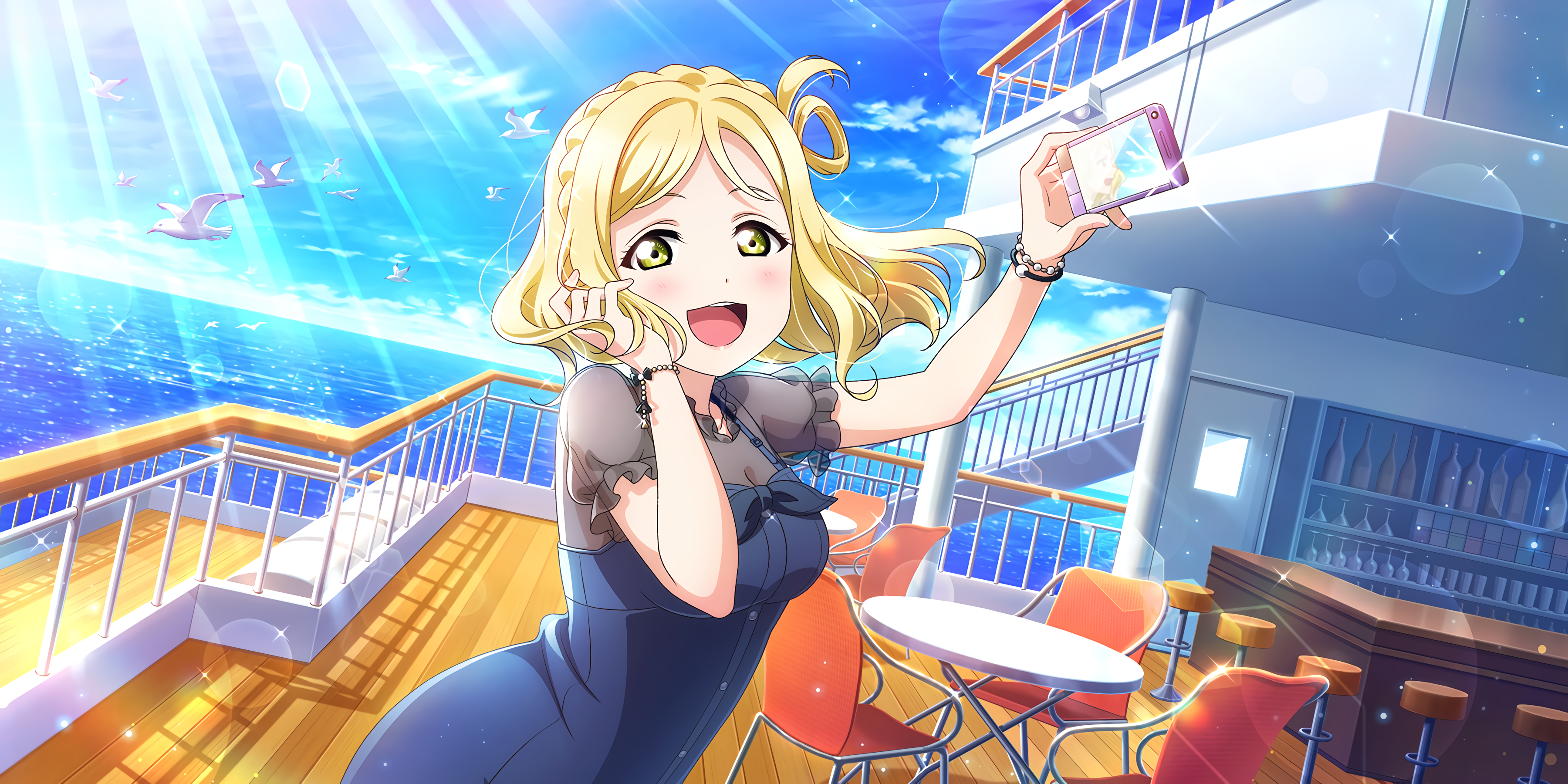 Ohara Mari from Love Live! Sunshine!! taking a selfie on a cruise ship deck HD Wallpaper