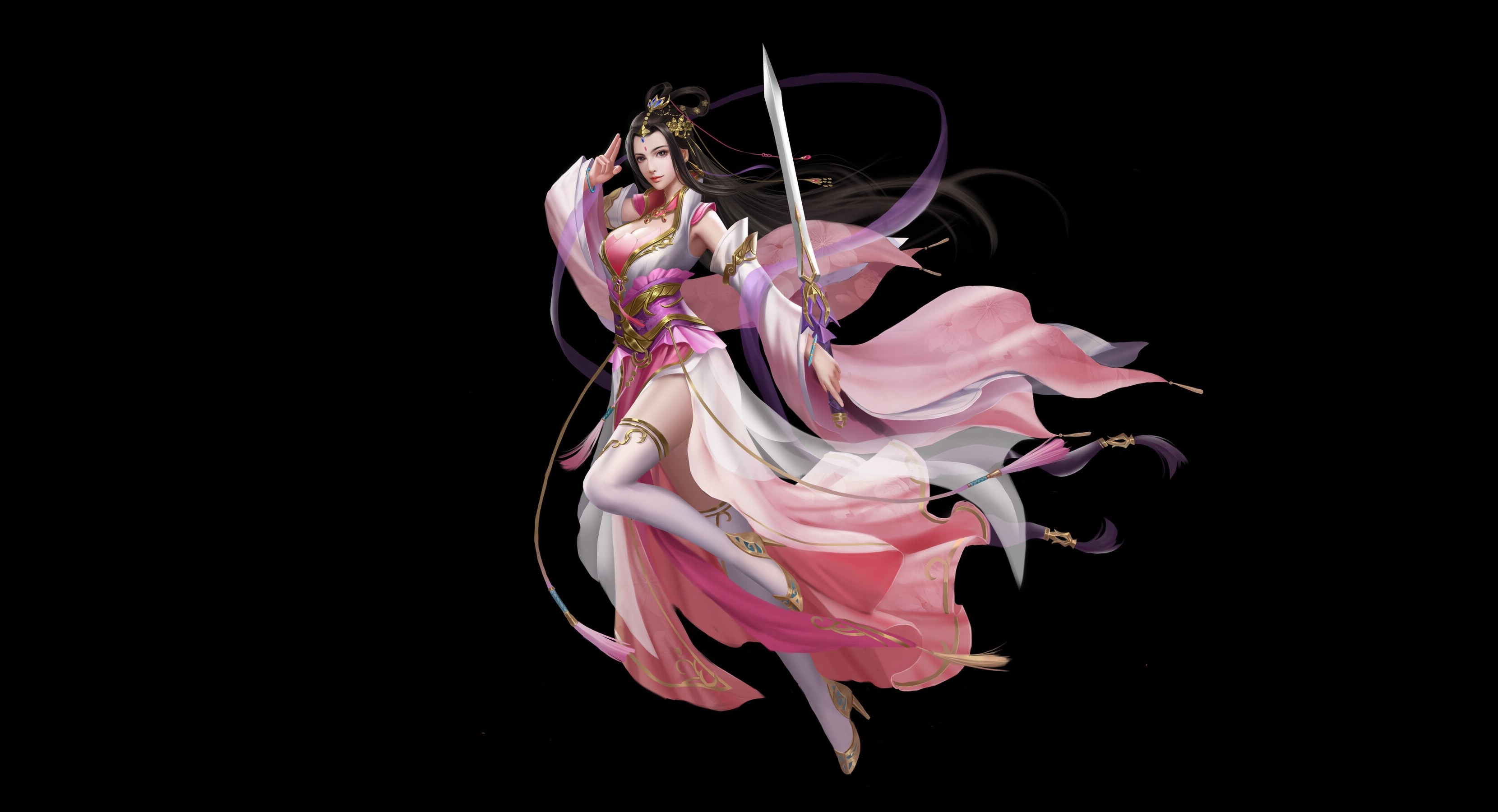 Fantasy Asian woman with sword and pink dress HD Wallpaper