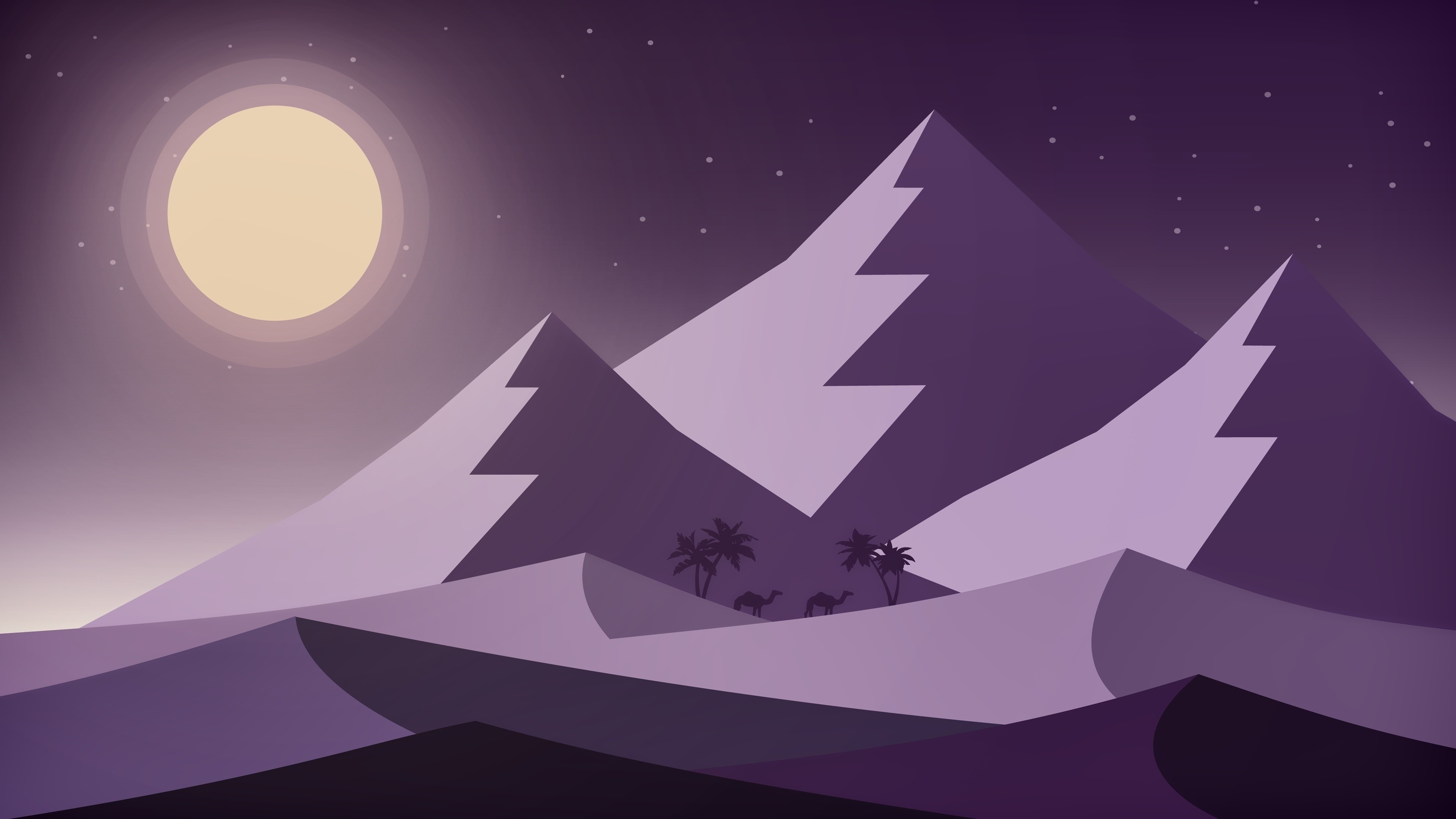Desert landscape with mountains, moon, and camels HD Wallpaper